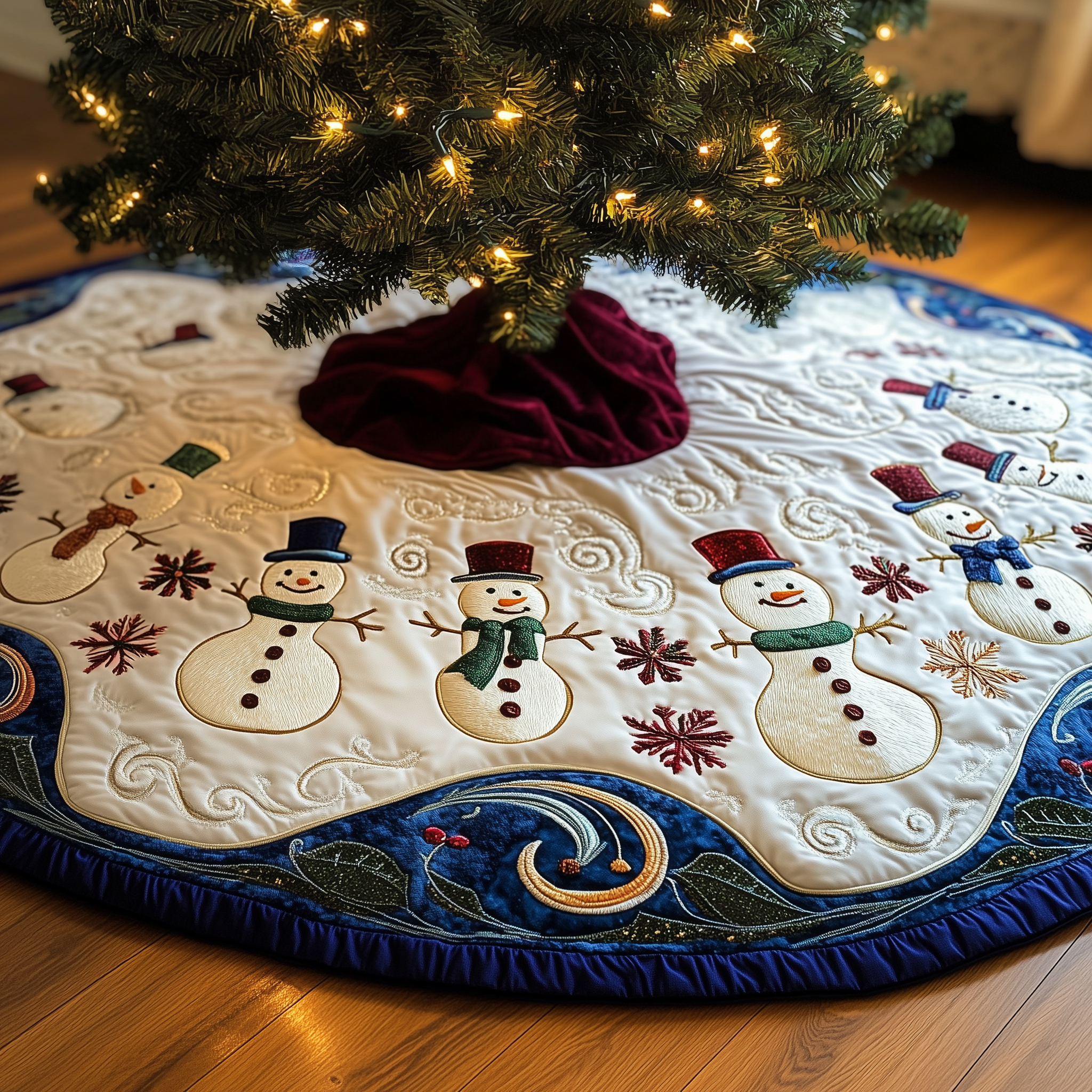 Swirls Snowmen Quilted Tree Skirt Hoilday Tree Skirt Xmas Tree Surround Base Cover Home  Christmas Decorations-1 Swirls Snowmen Quilted Tree Skirt Hoilday Tree Skirt Xmas Tree Surround Base Cover Home  Christmas Decorations-1
