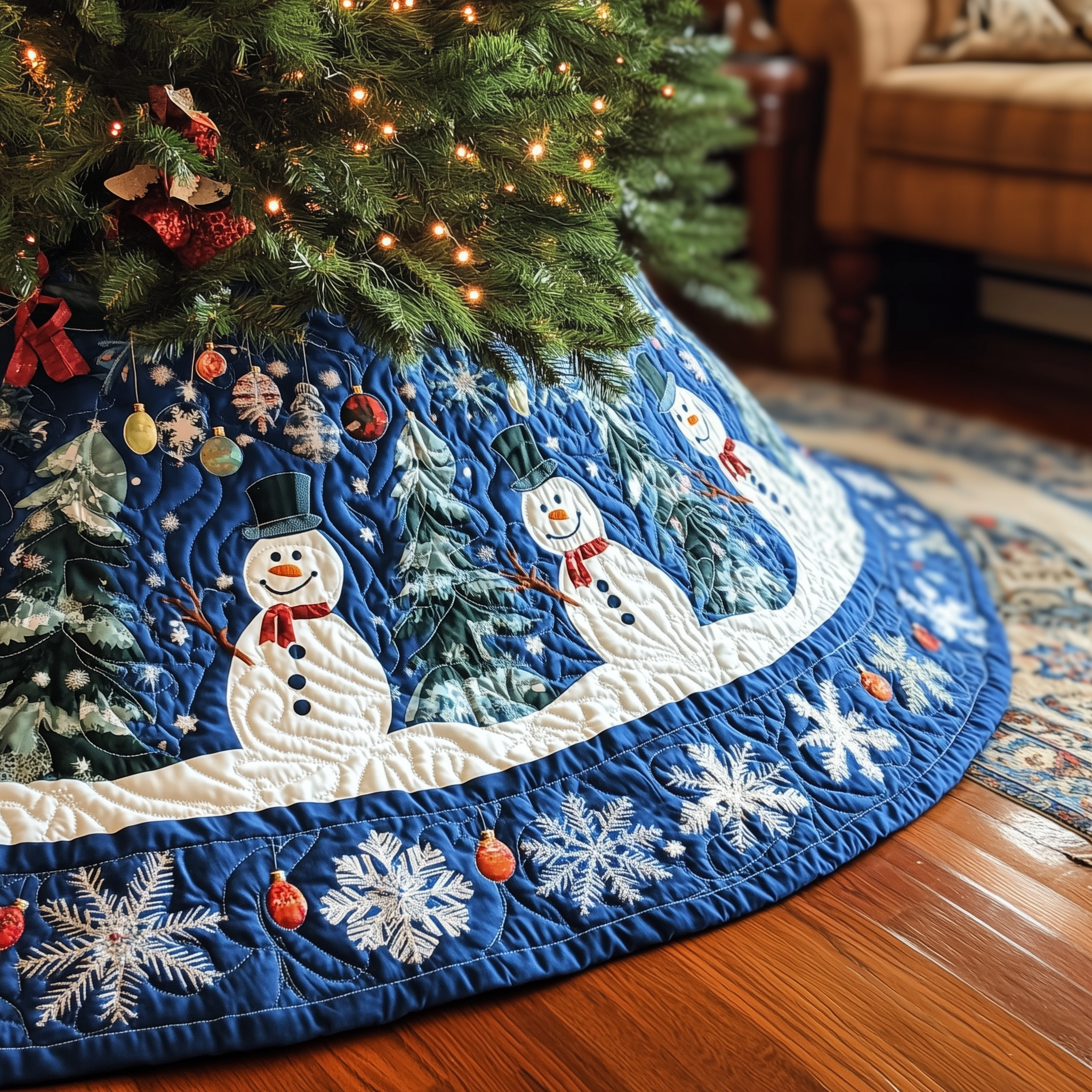 Swirls Snowmen Quilted Tree Skirt Hoilday Tree Skirt Xmas Tree Surround Base Cover Indoor Christmas Decorations-1 Swirls Snowmen Quilted Tree Skirt Hoilday Tree Skirt Xmas Tree Surround Base Cover Indoor Christmas Decorations-1