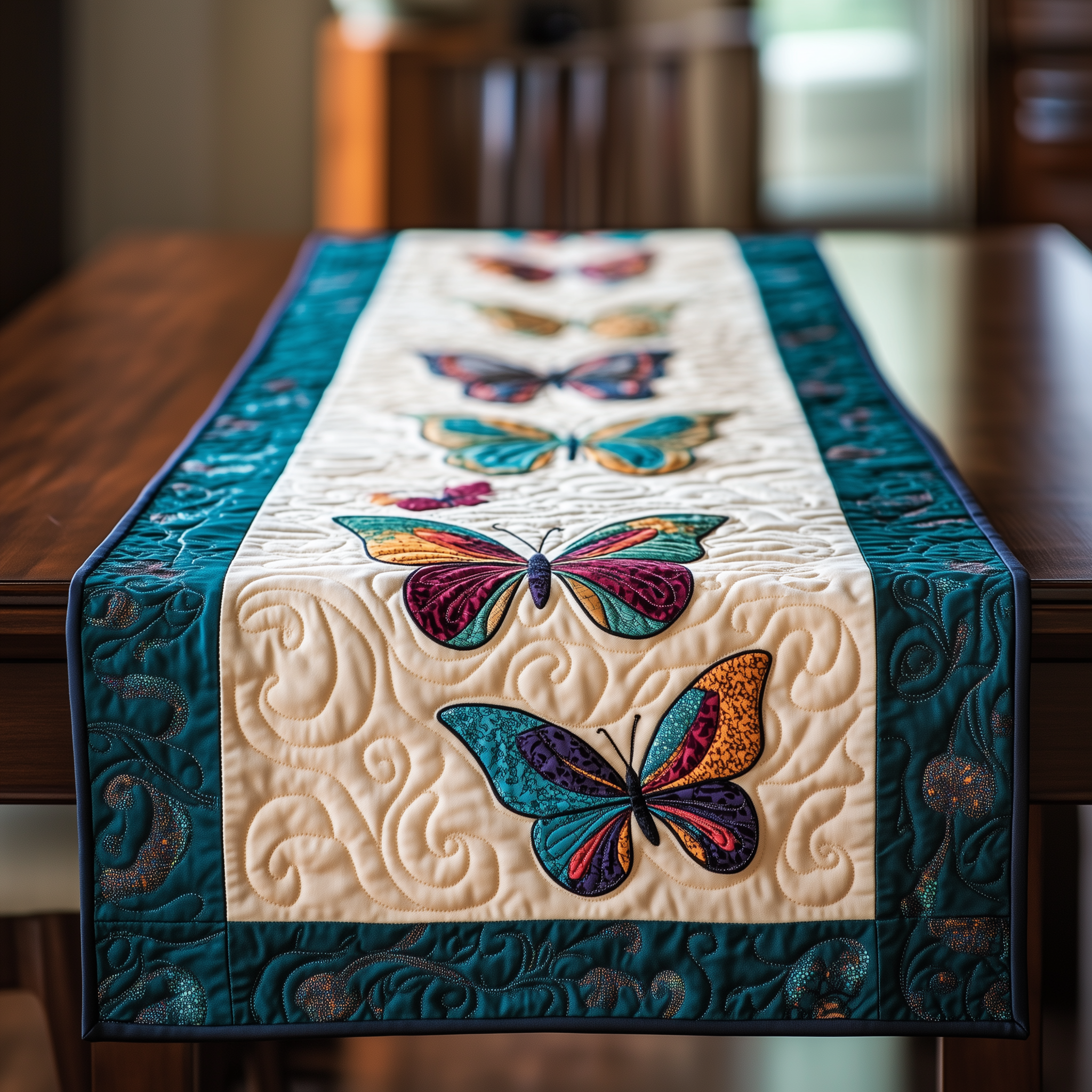 Teal Butterflies Quilted Table Runner Merchandise Butterfly Themed Gifts For Women Christmas-1 Teal Butterflies Quilted Table Runner Merchandise Butterfly Themed Gifts For Women Christmas-1