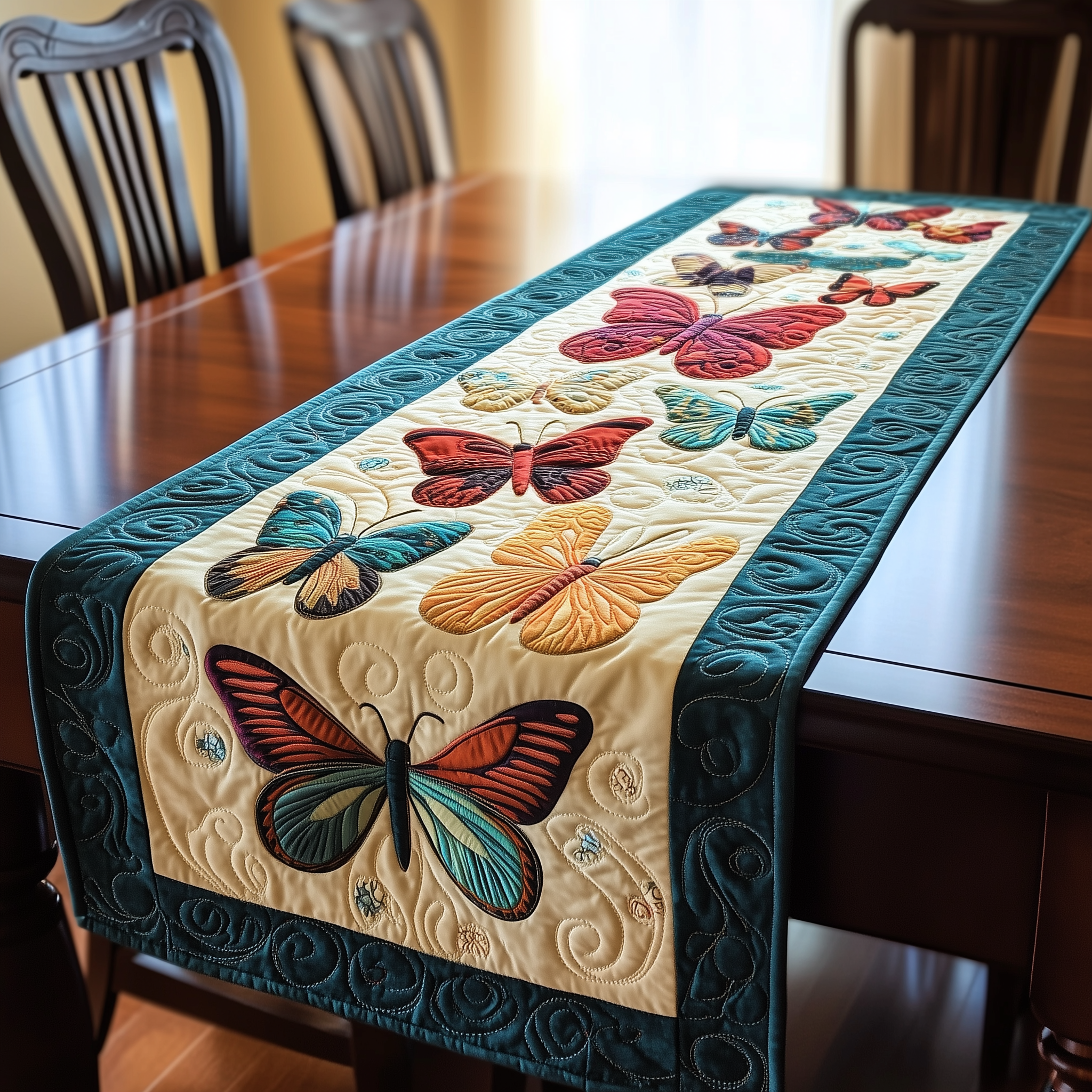 Teal Butterflies Quilted Table Runner Modern Dining Table Christmas Butterfly Items For Gifts-1 Teal Butterflies Quilted Table Runner Modern Dining Table Christmas Butterfly Items For Gifts-1