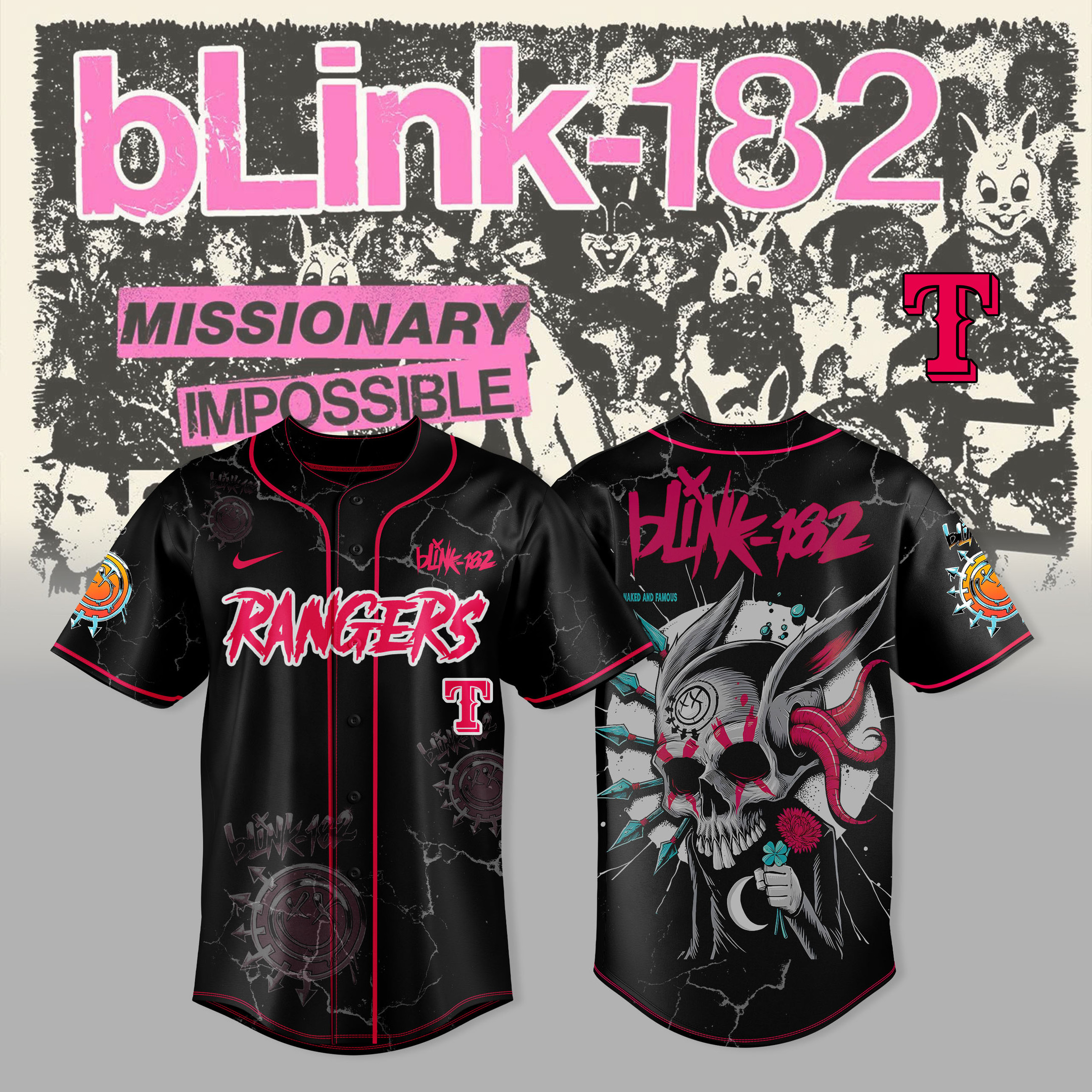 Texas Rangers X Blink182 Jersey Missionary Impossible 2025 Best Music Band Fans Merch-1 Texas Rangers X Blink182 Jersey Missionary Impossible 2025 Best Music Band Fans Merch-1