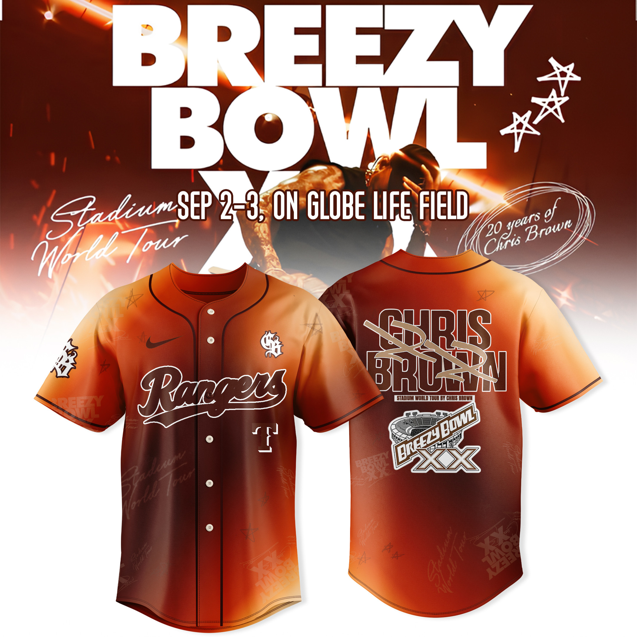 Texas Rangers X Chris Brown Jersey Breezy Bowl Xx 2025 On Globe Life Field Fans Merch-1