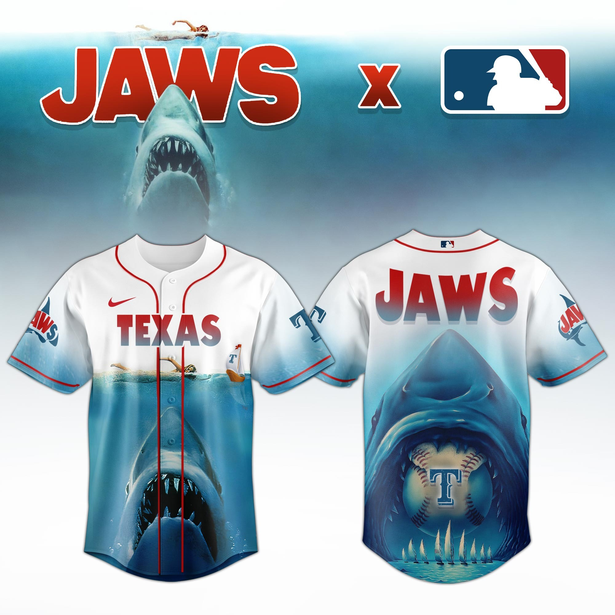 Texas Rangers x JAWS Jersey MLB Merch Baseball Lovers Gifts For Jaws Fans-1 Texas Rangers x JAWS Jersey MLB Merch Baseball Lovers Gifts For Jaws Fans-1