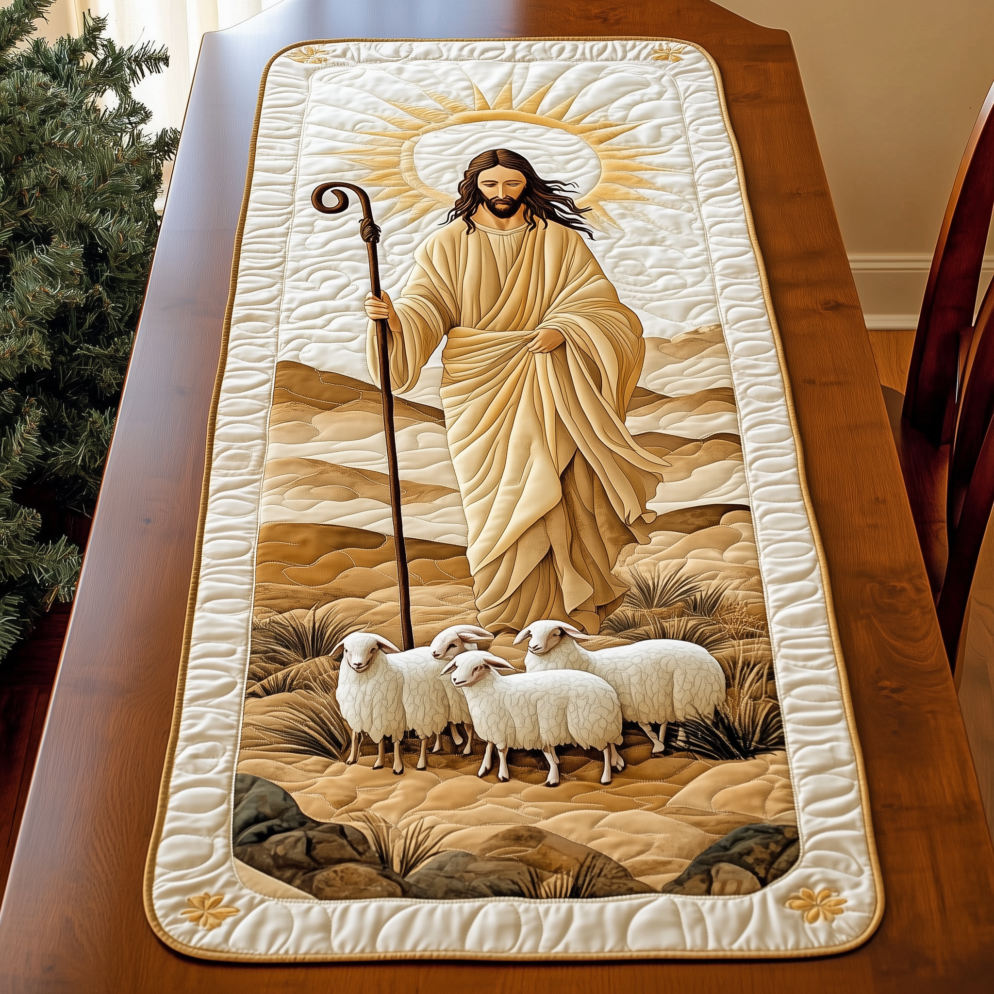 The Holy Shepherd Quilted Table Runner Dining Holiday Table Runner Best Christian Christmas Gifts For Her-1