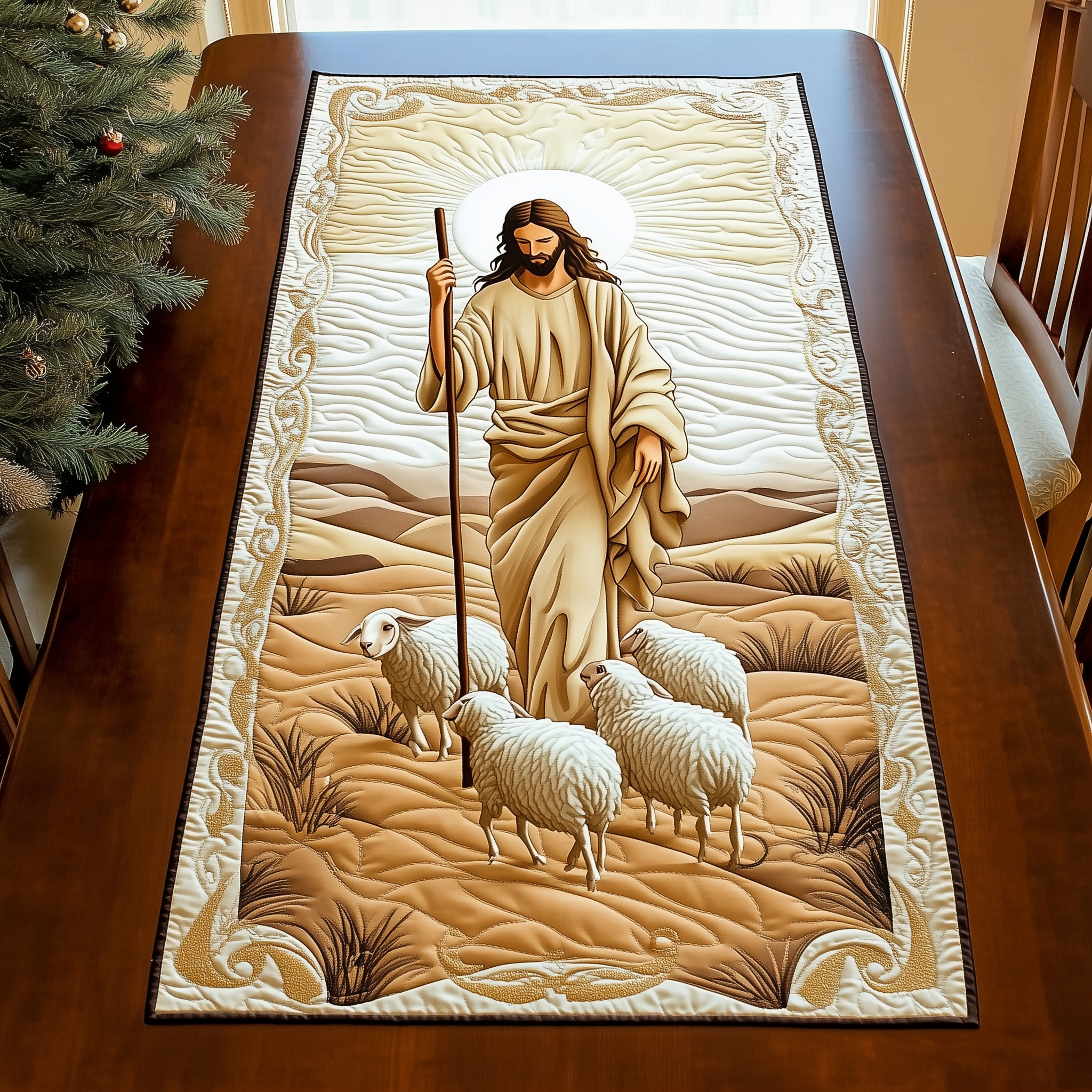 The Holy Shepherd Quilted Table Runner  Dining Holiday Table Runner Christian Christmas Gifts For Women-1 The Holy Shepherd Quilted Table Runner  Dining Holiday Table Runner Christian Christmas Gifts For Women-1