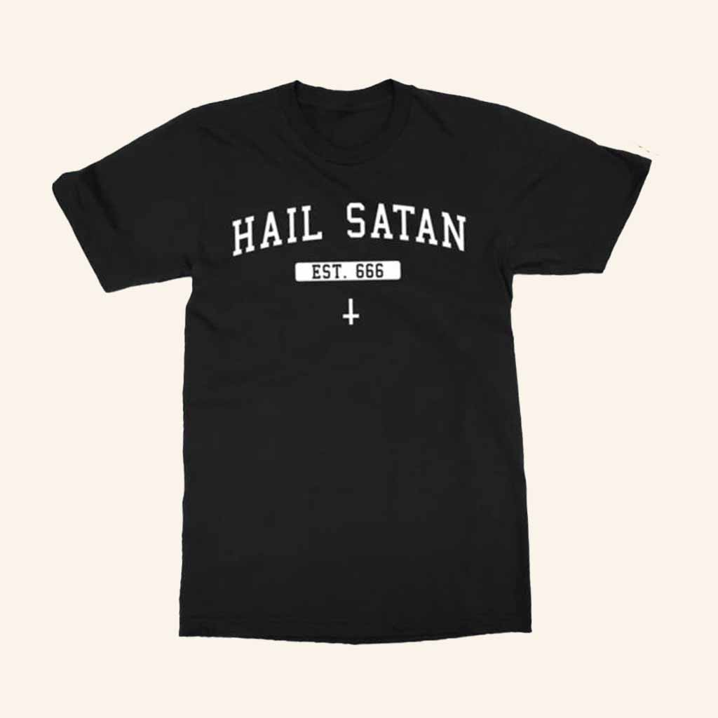 The Satanic Temple Merch Hail Satan White On Black T-Shirt Gifts For Him-1