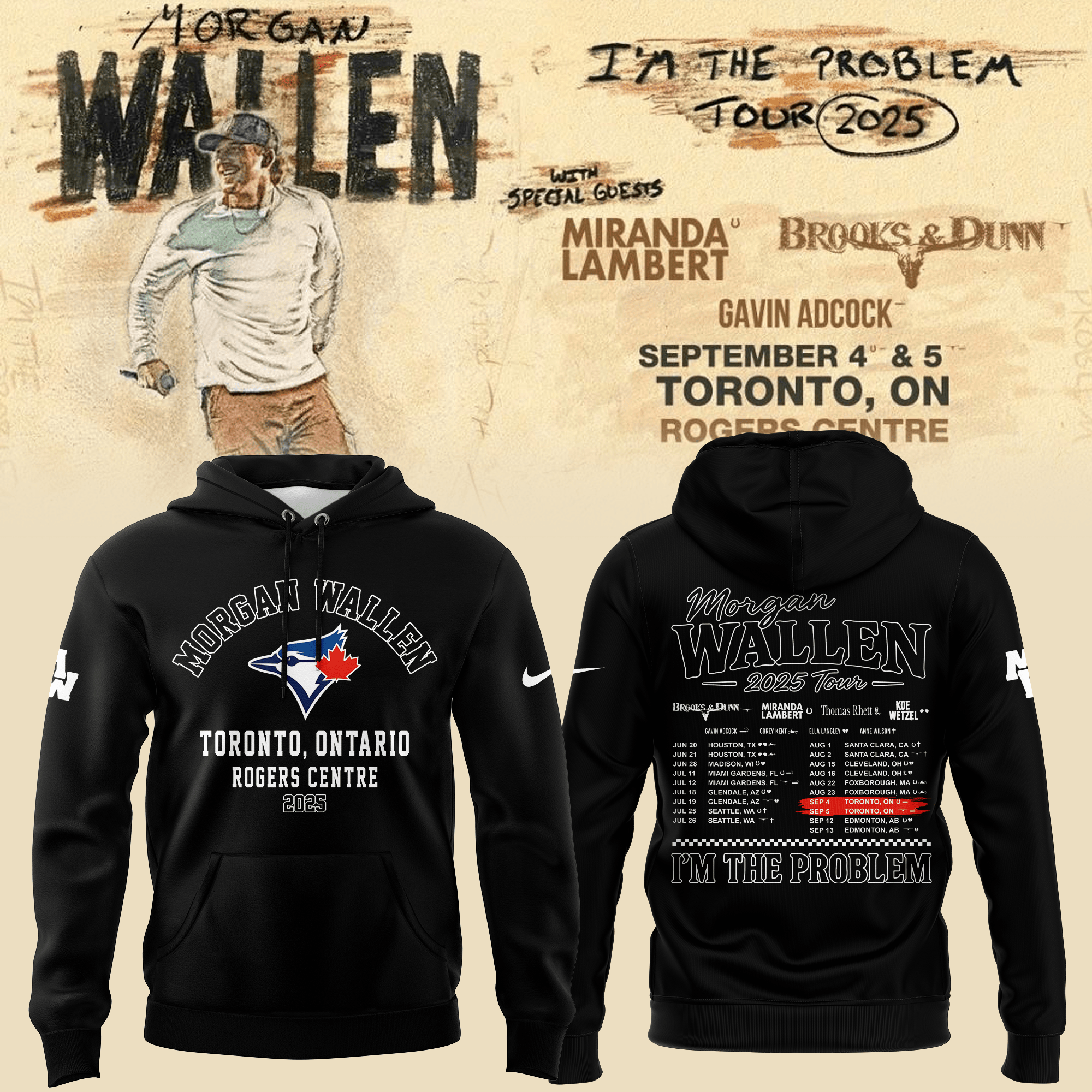 Toronto Blue Jays X Morgan Wallen Hoodie I'm The Problem Tour 2025 Music Lover Merch-1