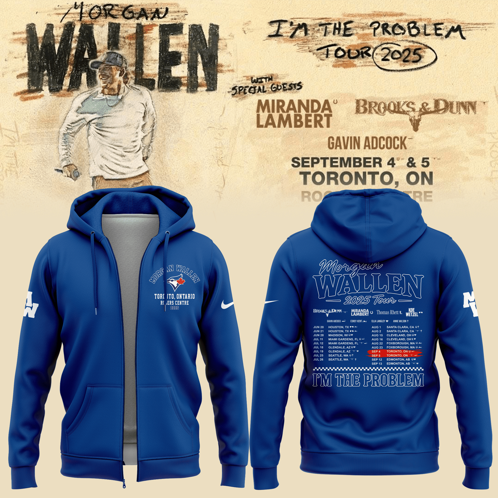 Toronto Blue Jays X Morgan Wallen Zip Hoodie I'm The Problem 7 Summers 2025 Tour Fans Apparel-1