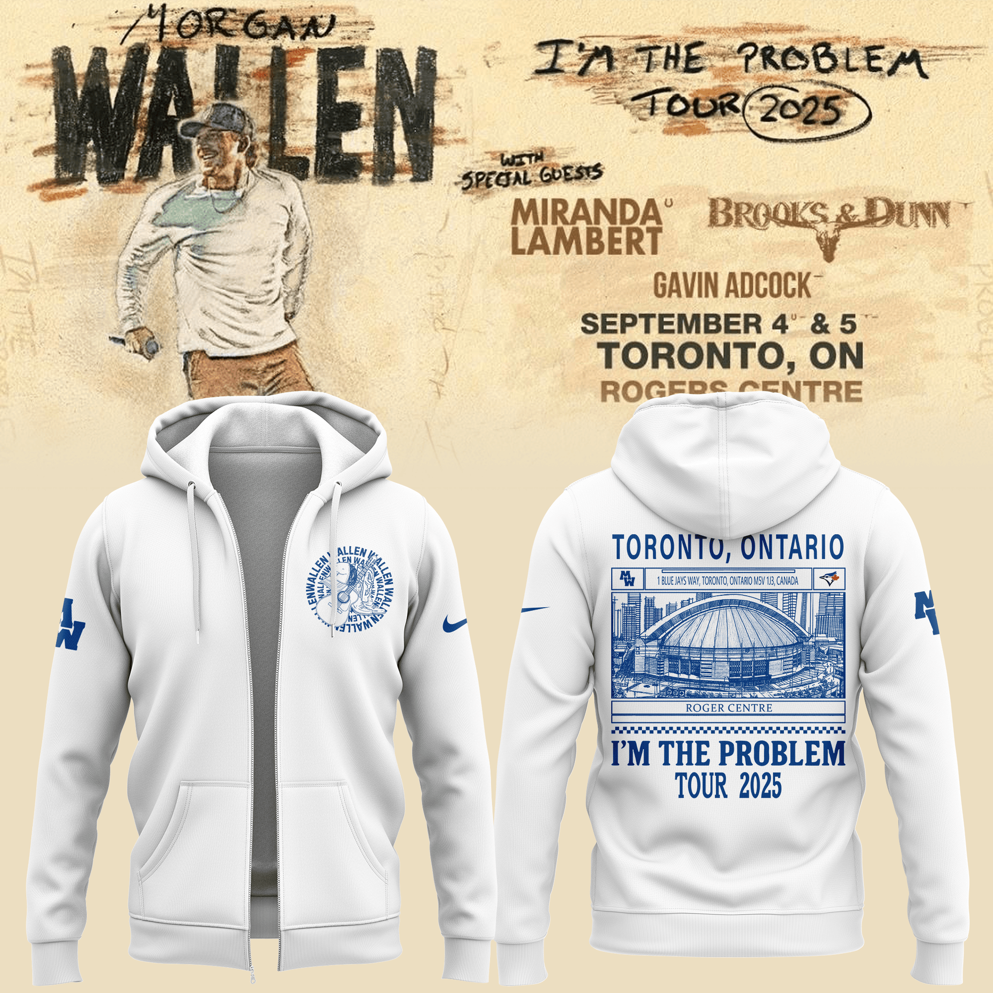 Toronto Blue Jays X Morgan Wallen Zip Hoodie I'm The Problem Tour 2025 Best Music Concert Gifts-1 Toronto Blue Jays X Morgan Wallen Zip Hoodie I'm The Problem Tour 2025 Best Music Concert Gifts-1