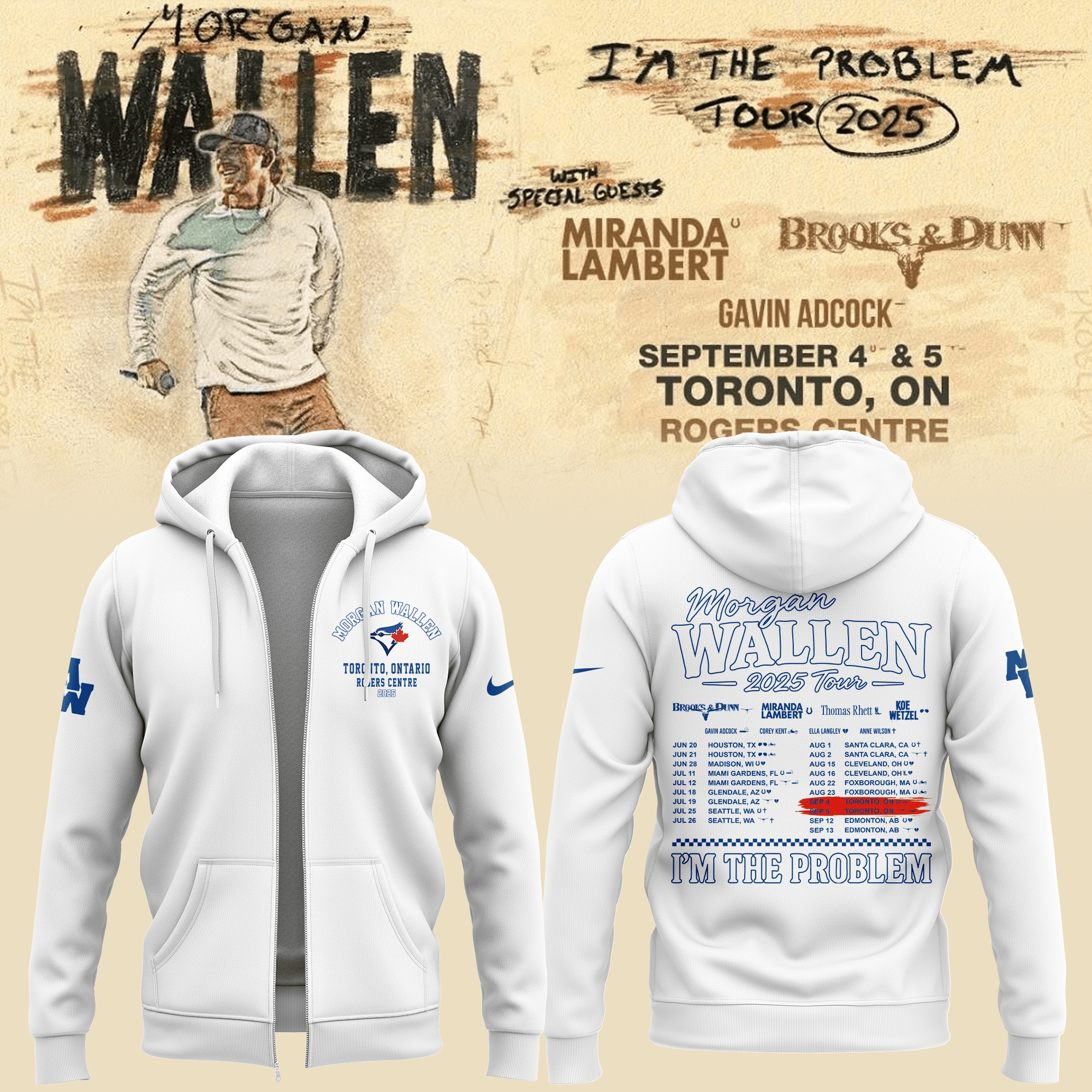 Toronto Blue Jays X Morgan Wallen Zip Hoodie I'm The Problem Tour 2025 Music Lover Gifts-1
