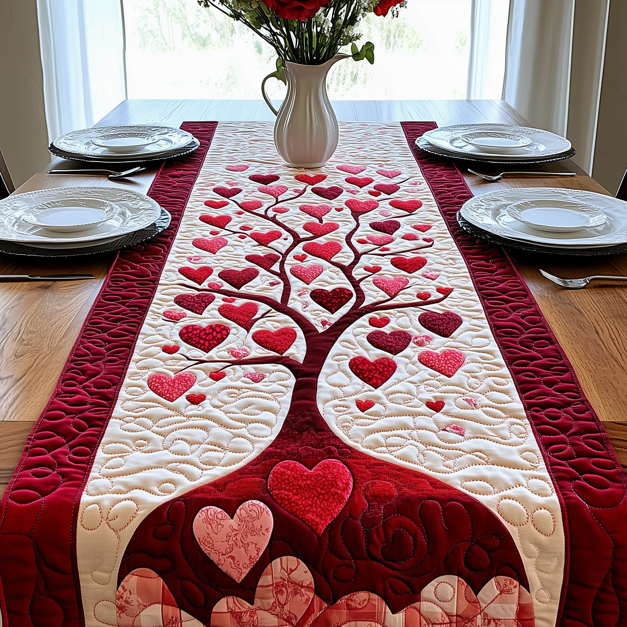 Tree Of Love Quilted Table Runner Valentine Day Presents For Your Family-1 Tree Of Love Quilted Table Runner Valentine Day Presents For Your Family-1