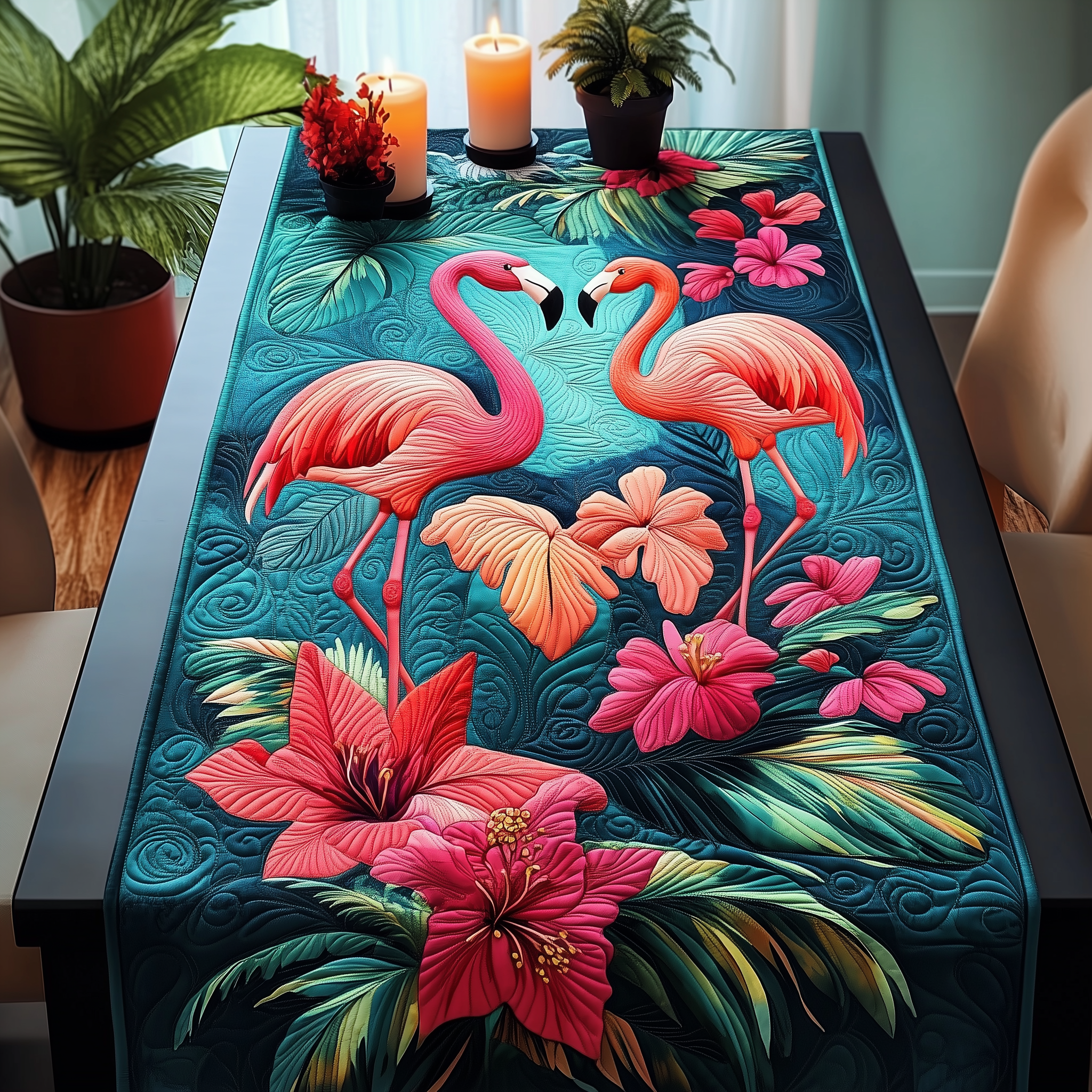 Tropical Flamingo Quilted Table Runner Cute Dining Table Runner Holiday Flamingo Christmas Presents-1
