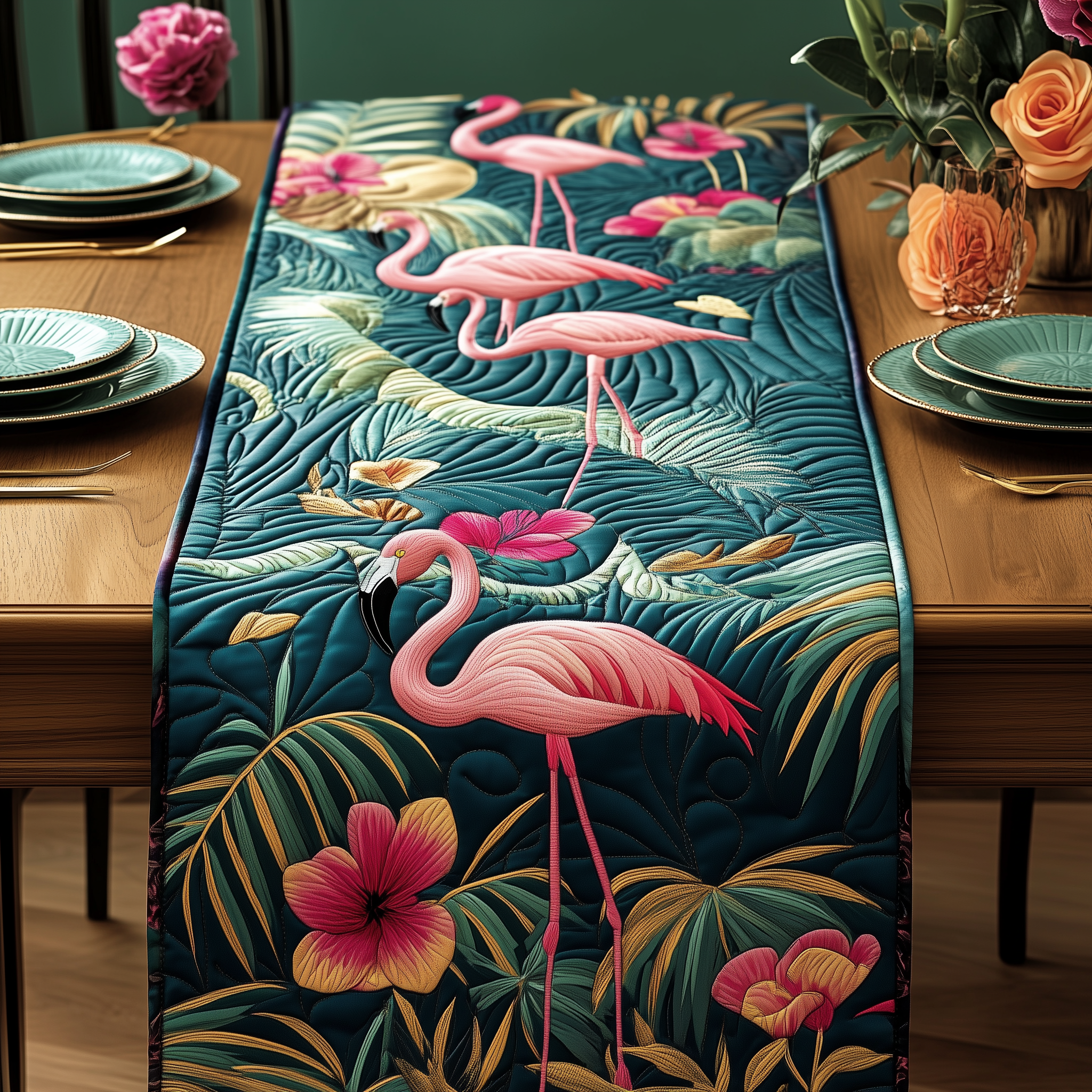 Tropical Flamingo Quilted Table Runner Modern Coffee Table Runner Cute Flamingo Stuff Gifts-1