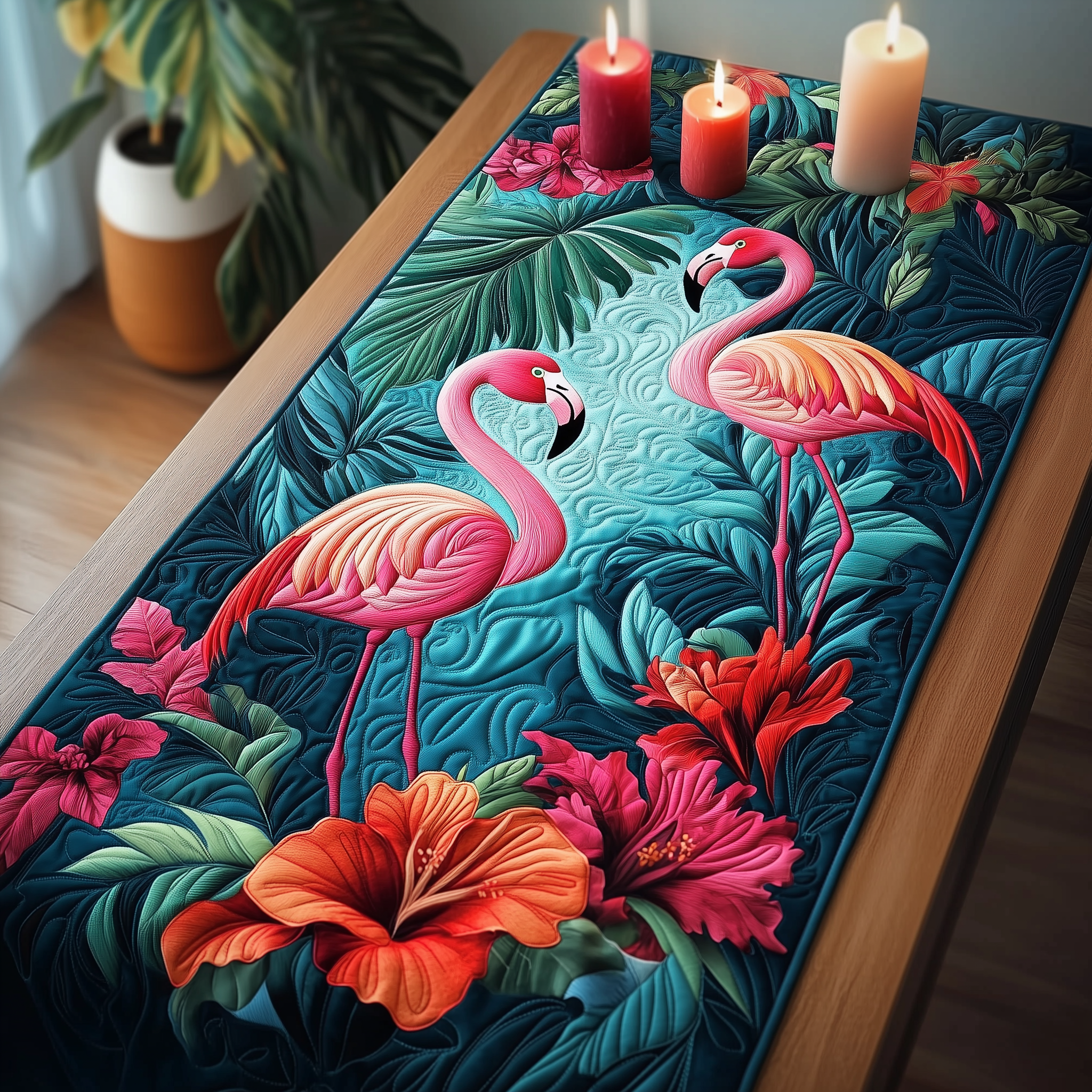 Tropical Flamingo Quilted Table RunnerModern Dining Table Runner Holiday Flamingo Novelty Gifts-1