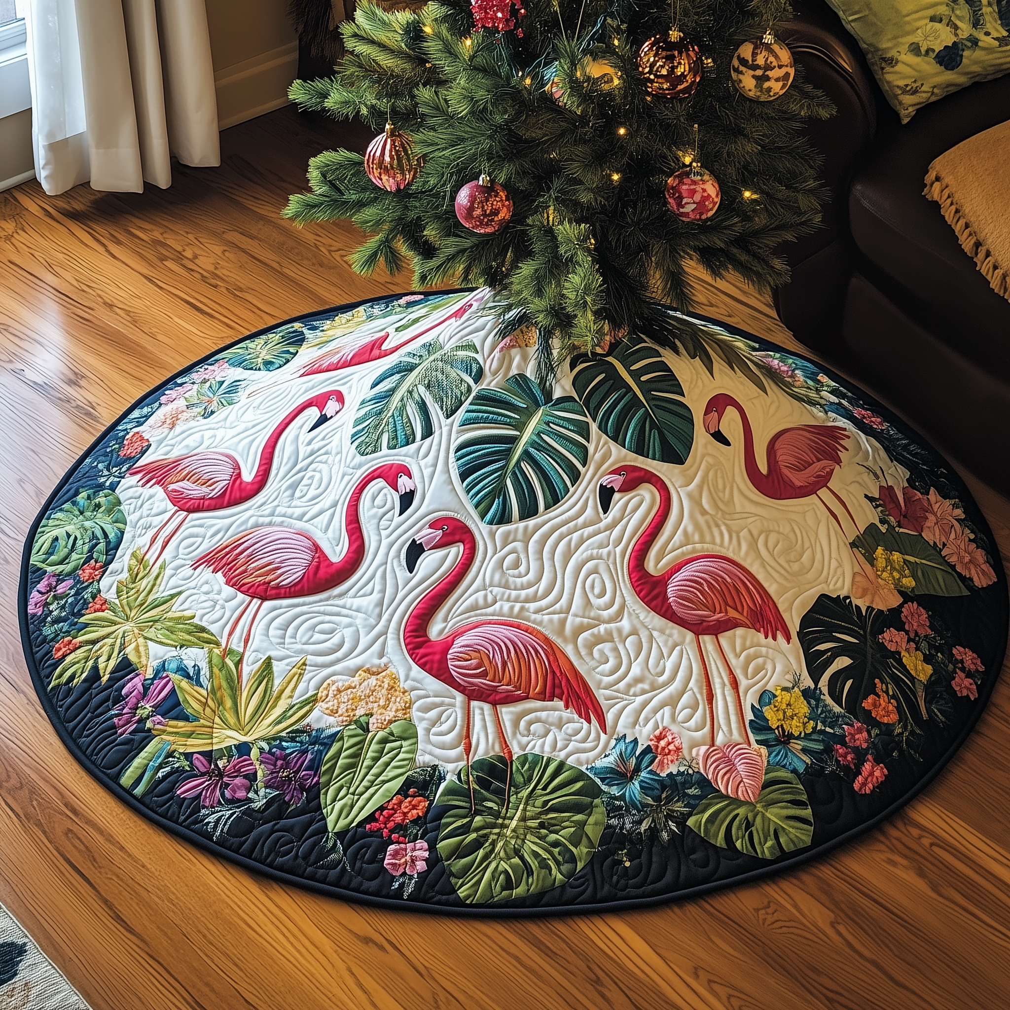 Tropical Flamingo Quilted Tree Skirt Christmas Xmas Tree Base Cover Decorations Flamingo Novelty Gifts-1 Tropical Flamingo Quilted Tree Skirt Christmas Xmas Tree Base Cover Decorations Flamingo Novelty Gifts-1
