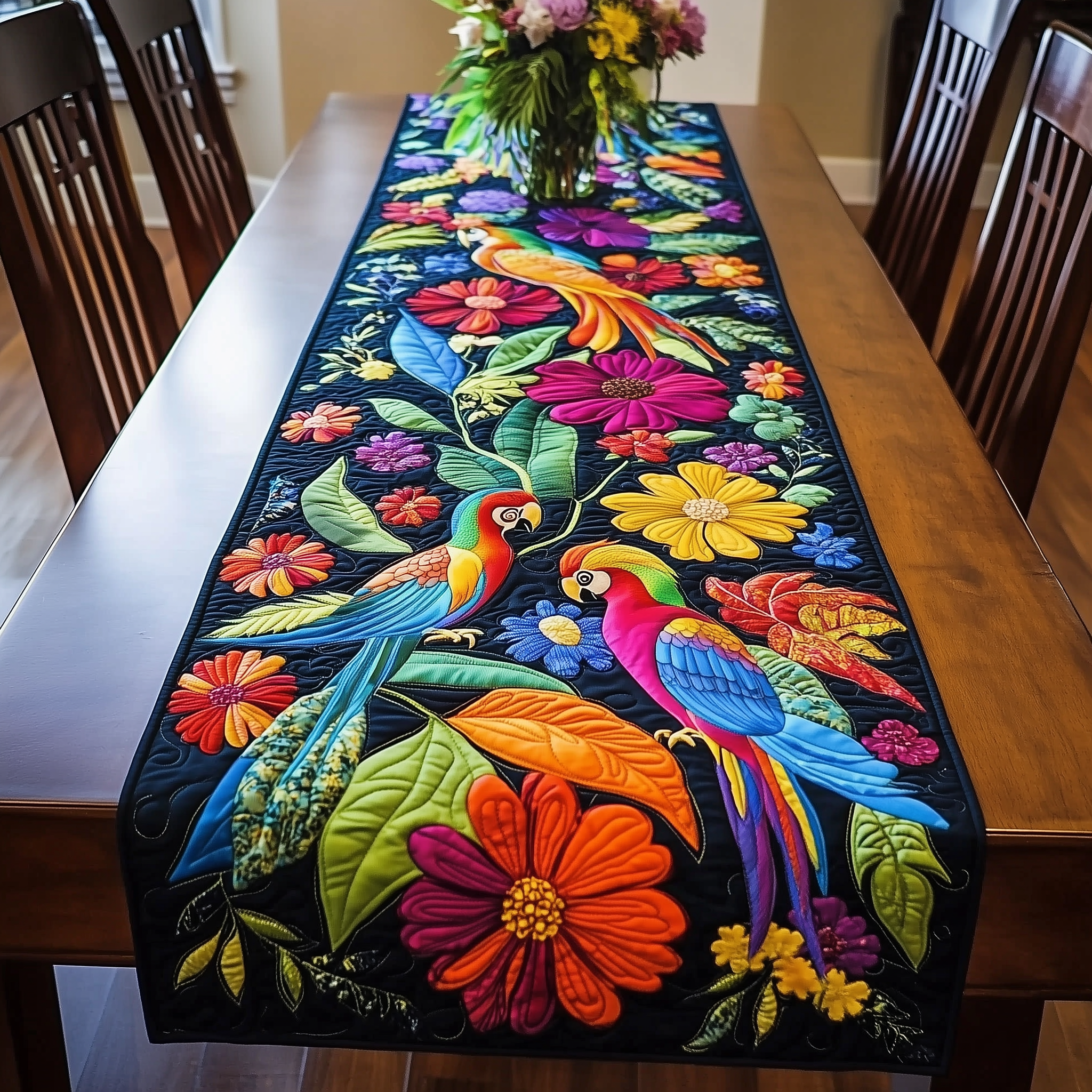 Tropical Parrots Quilted Table Runner Decorations Christmas Gifts For Parrot Lovers-1 Tropical Parrots Quilted Table Runner Decorations Christmas Gifts For Parrot Lovers-1