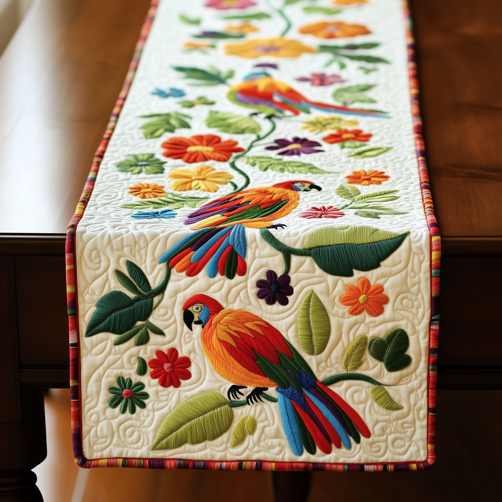 Tropical Parrots Quilted Table Runner Decorations Parrot Themed Gifts Christmas For Him-1 Tropical Parrots Quilted Table Runner Decorations Parrot Themed Gifts Christmas For Him-1