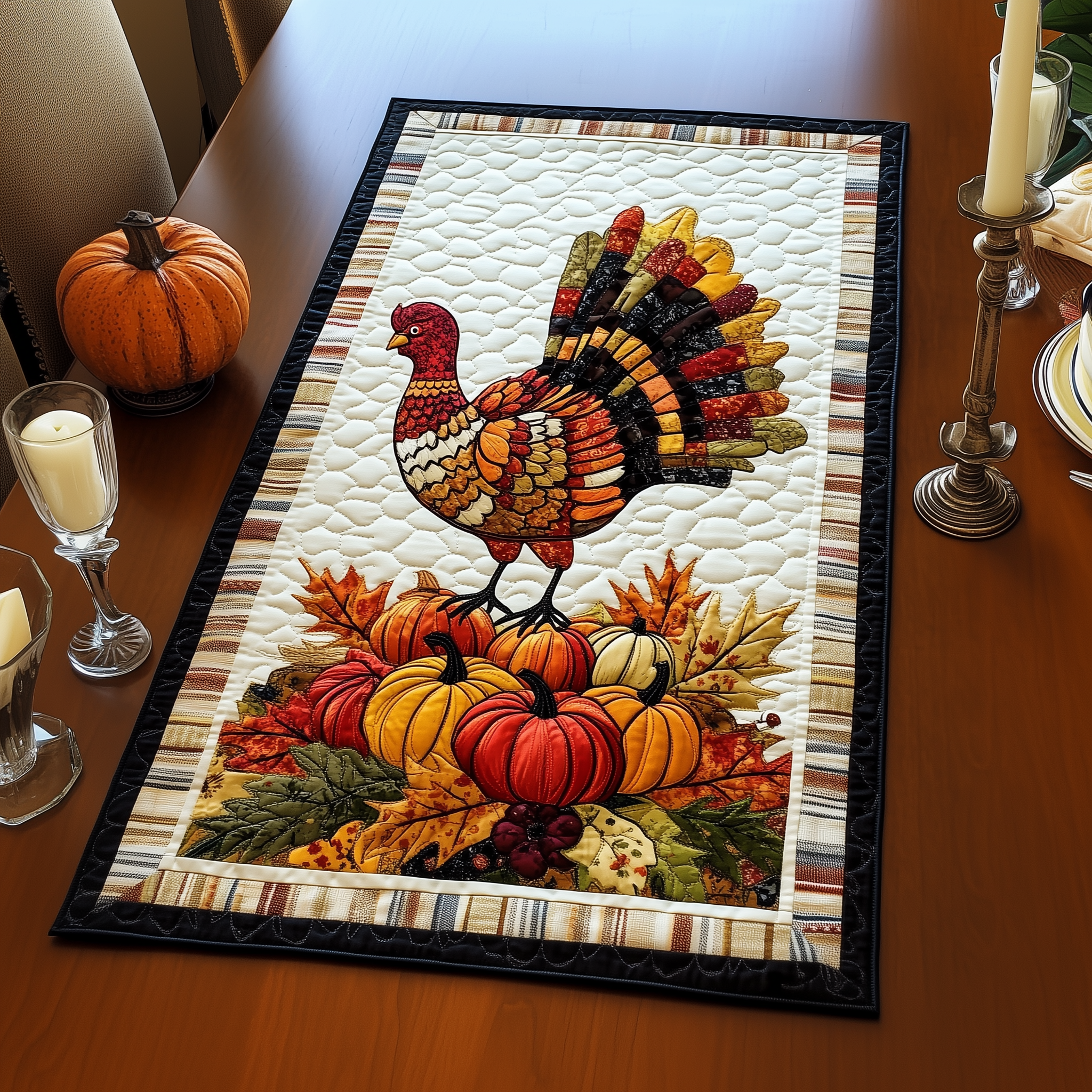 Turkey Quilted Table Runner Decorations Thanksgiving Holiday Dining Table Runner Presents-1