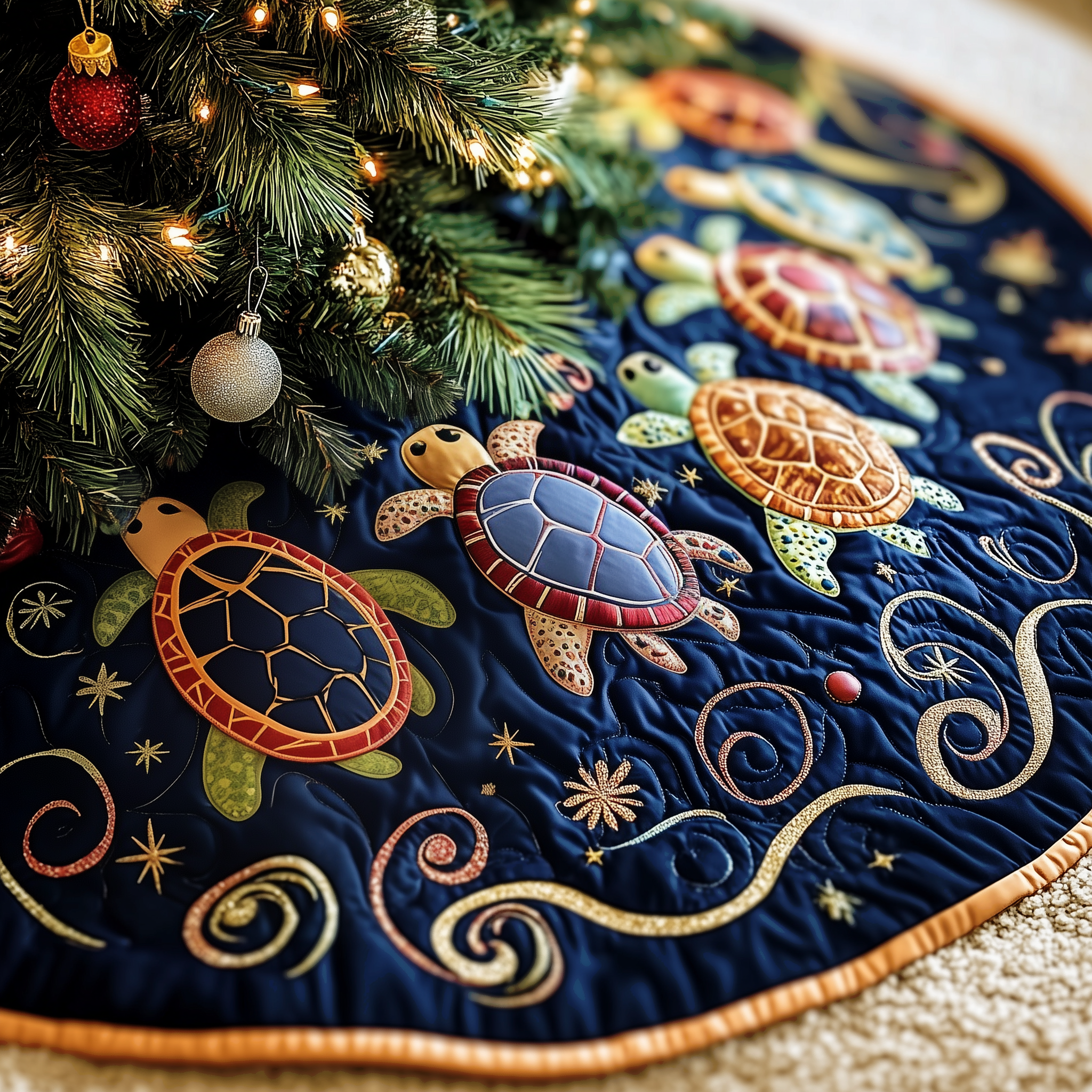 Turtle Quilted Tree Skirt Hoilday Xmas Tree Skirt Decorations  Themed Sea Turtle Christmas Gifts-1