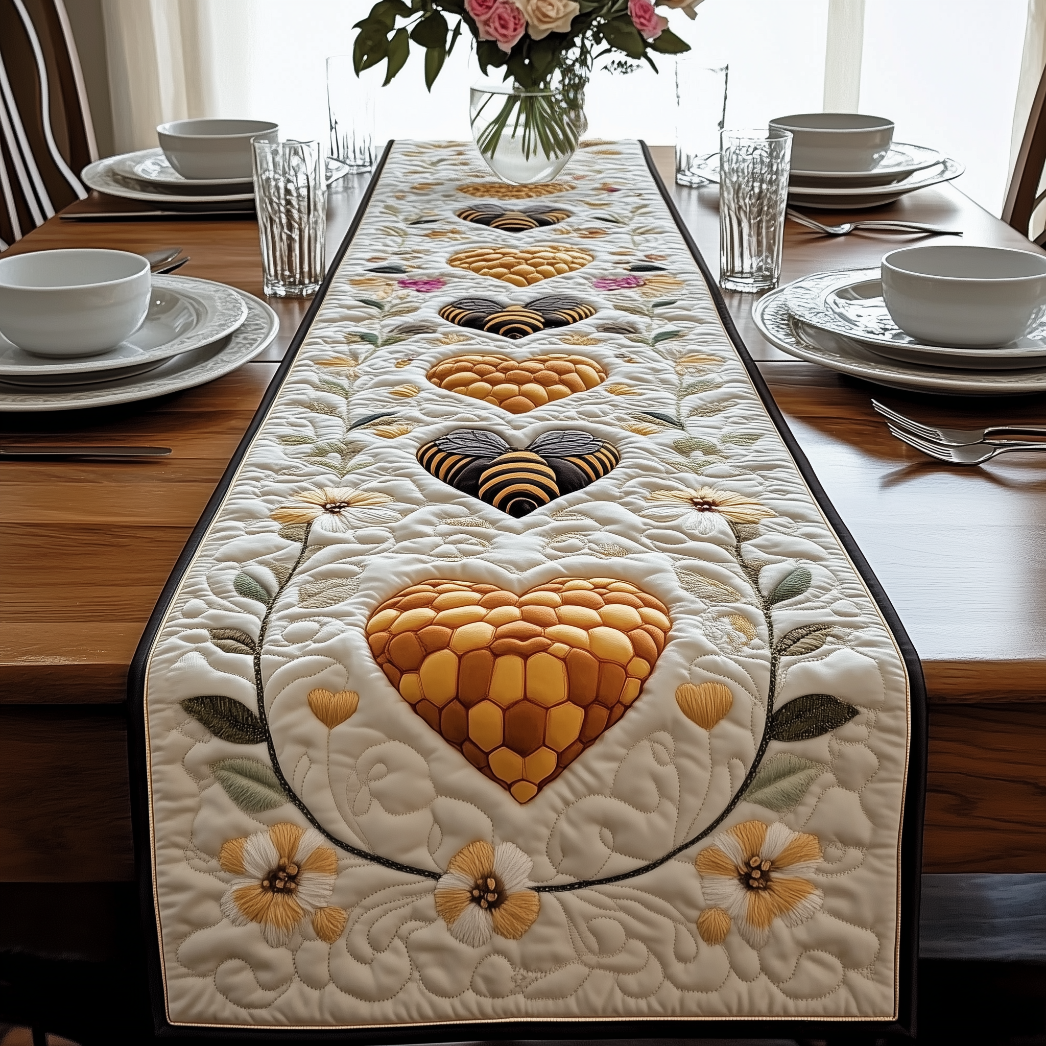 Valentine Bee Quilted Table Runner Bee Themed Gifts For Her-1 Valentine Bee Quilted Table Runner Bee Themed Gifts For Her-1