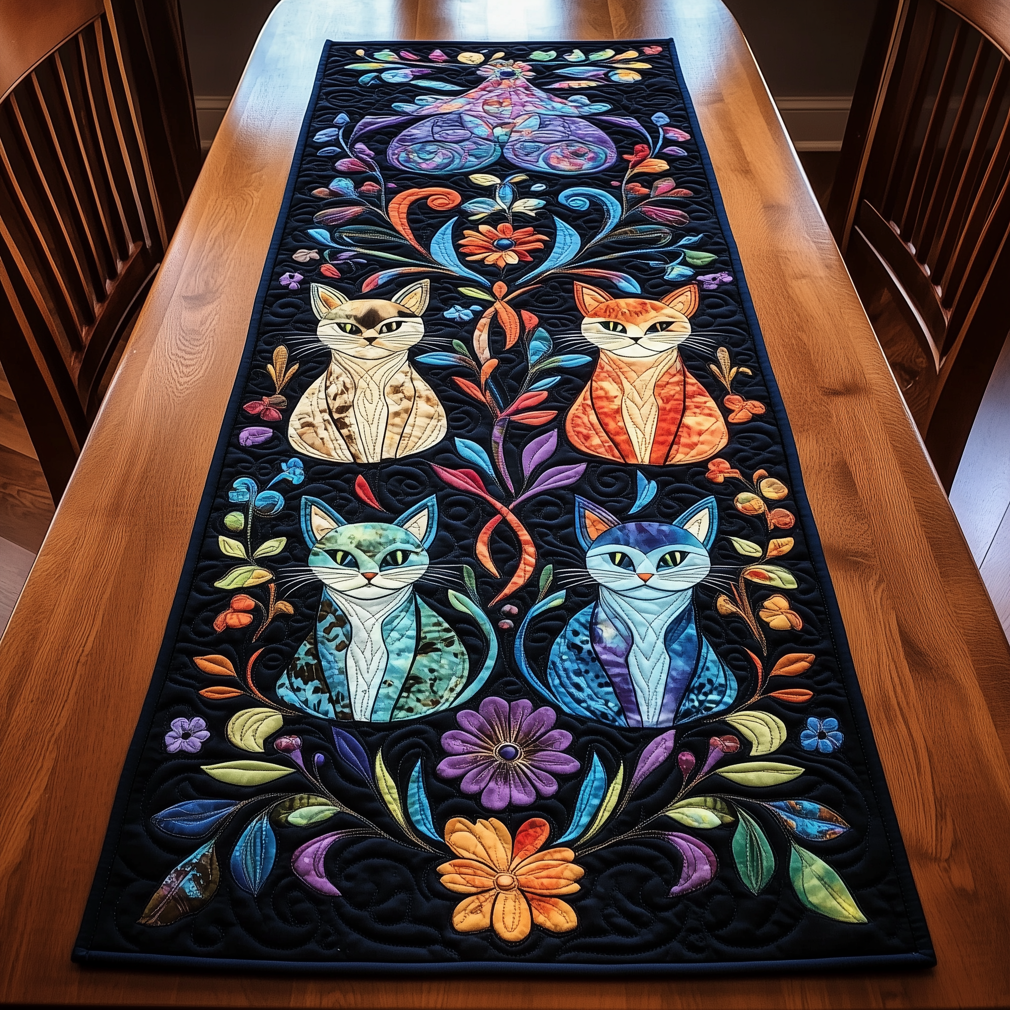 Vibrant Cat Quilted Table Runner Decorations Best Gifts For Cats For Christmas-1 Vibrant Cat Quilted Table Runner Decorations Best Gifts For Cats For Christmas-1