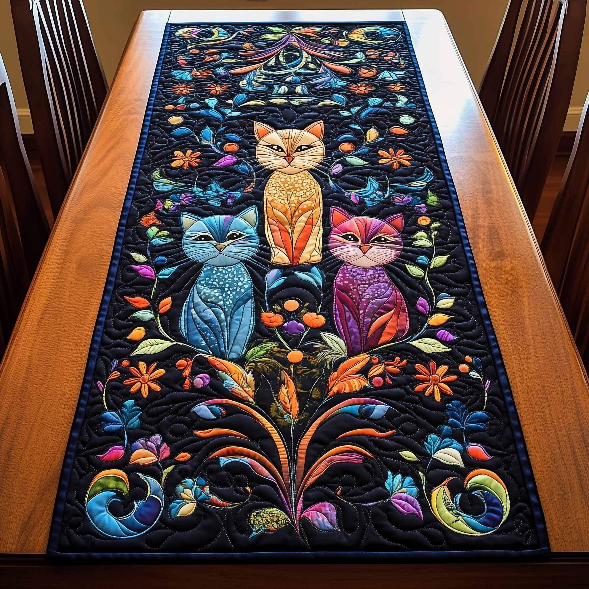 Vibrant Cat Quilted Table Runner Decorations Cat Xmas Gifts For Owners-1 Vibrant Cat Quilted Table Runner Decorations Cat Xmas Gifts For Owners-1