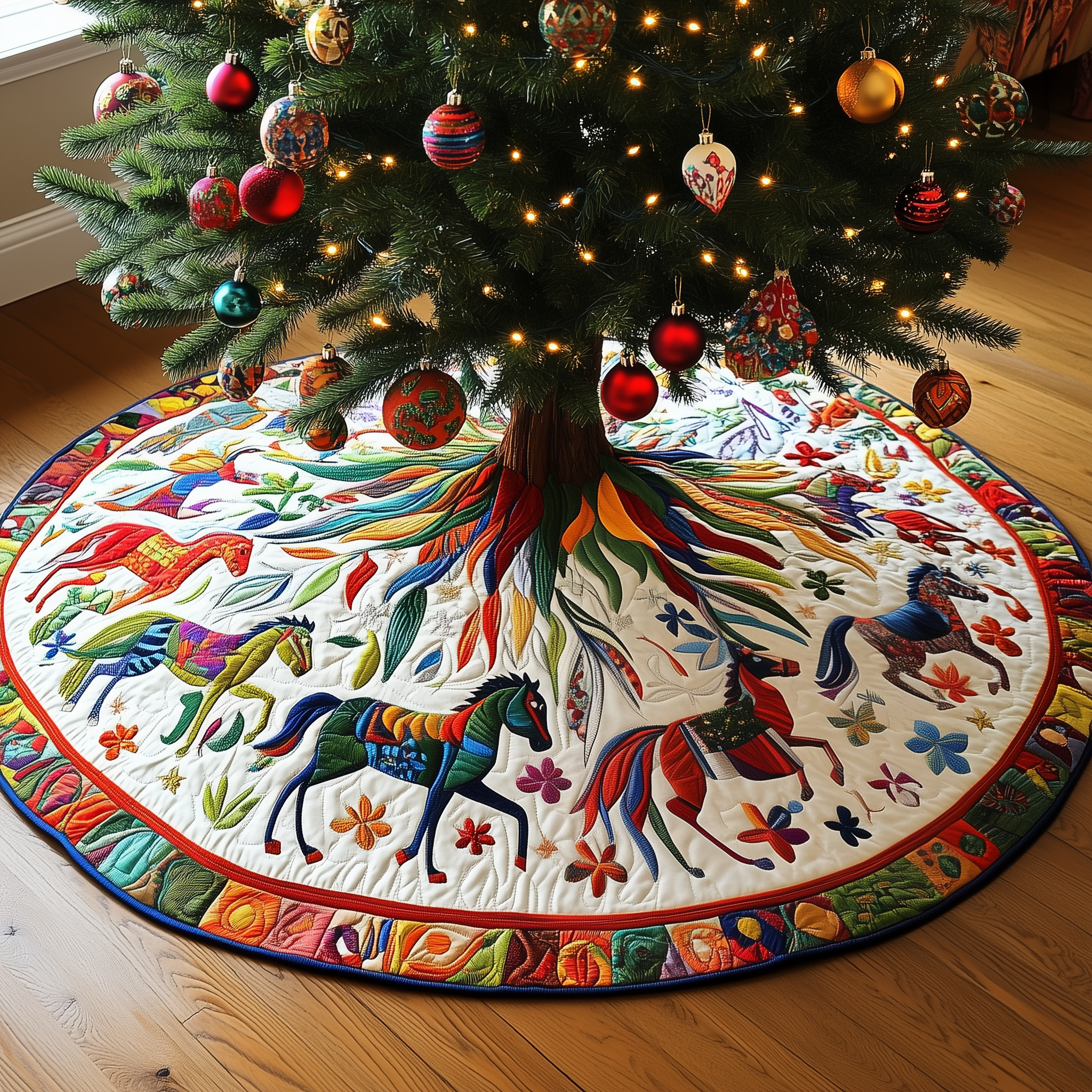 Vibrant Horses Quilted Tree SkirtHoliday Xmas Tree Surround Decorations Horse Christmas Presents-1 Vibrant Horses Quilted Tree SkirtHoliday Xmas Tree Surround Decorations Horse Christmas Presents-1