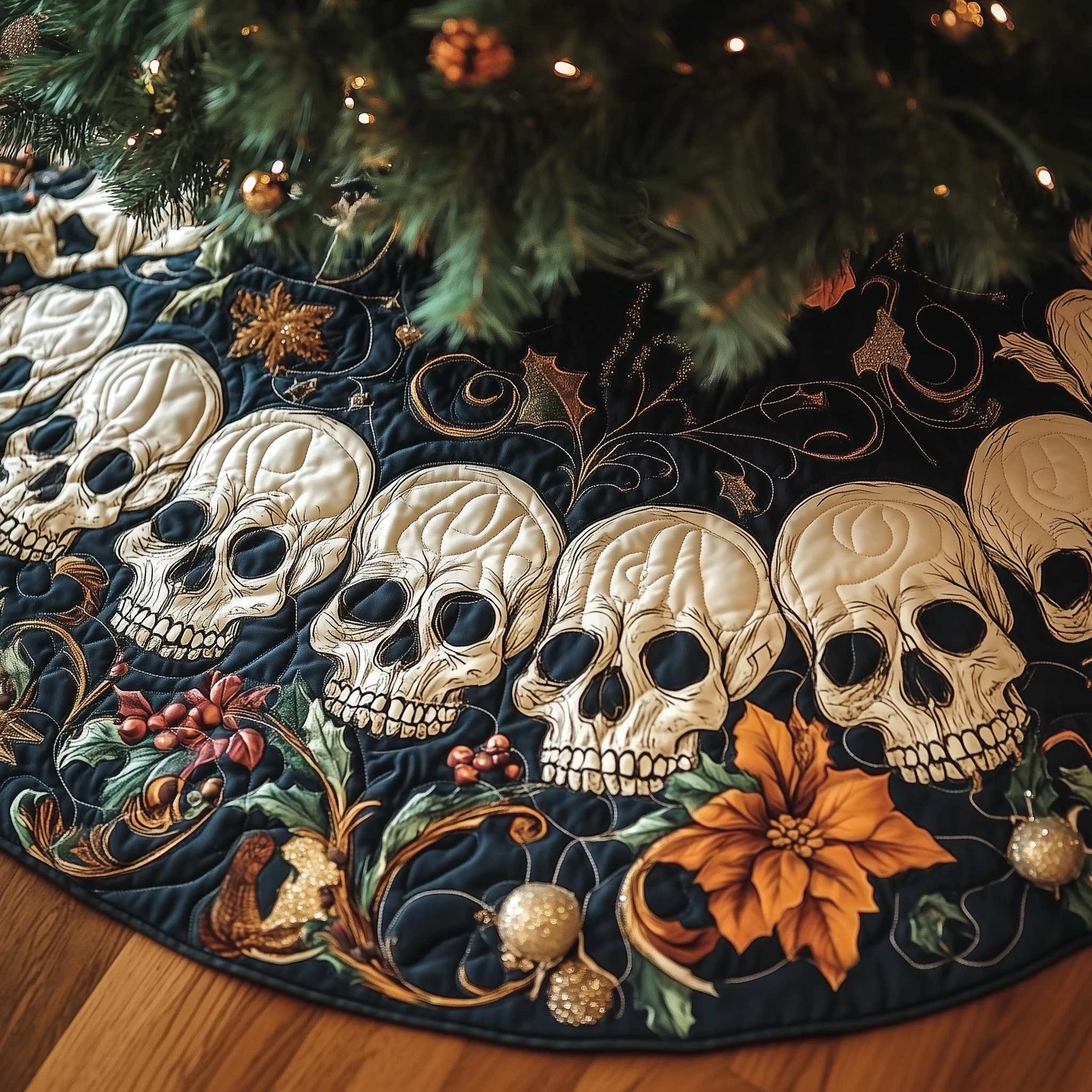 Vintage Floral Skull Quilted Tree Skirt Tree Surround Christmas Decorations Skull Lover Gifts For Her-1 Vintage Floral Skull Quilted Tree Skirt Tree Surround Christmas Decorations Skull Lover Gifts For Her-1