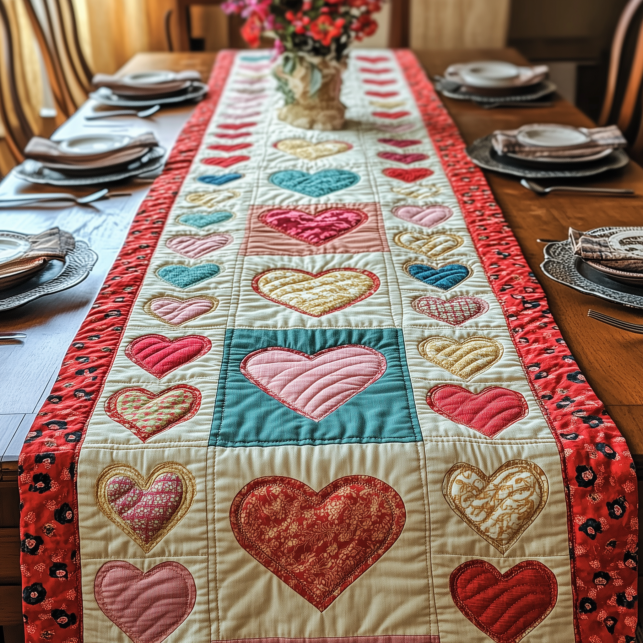 Vintage Heart Quilted Table Runner Valentine Day Presents For Girlfriend-1