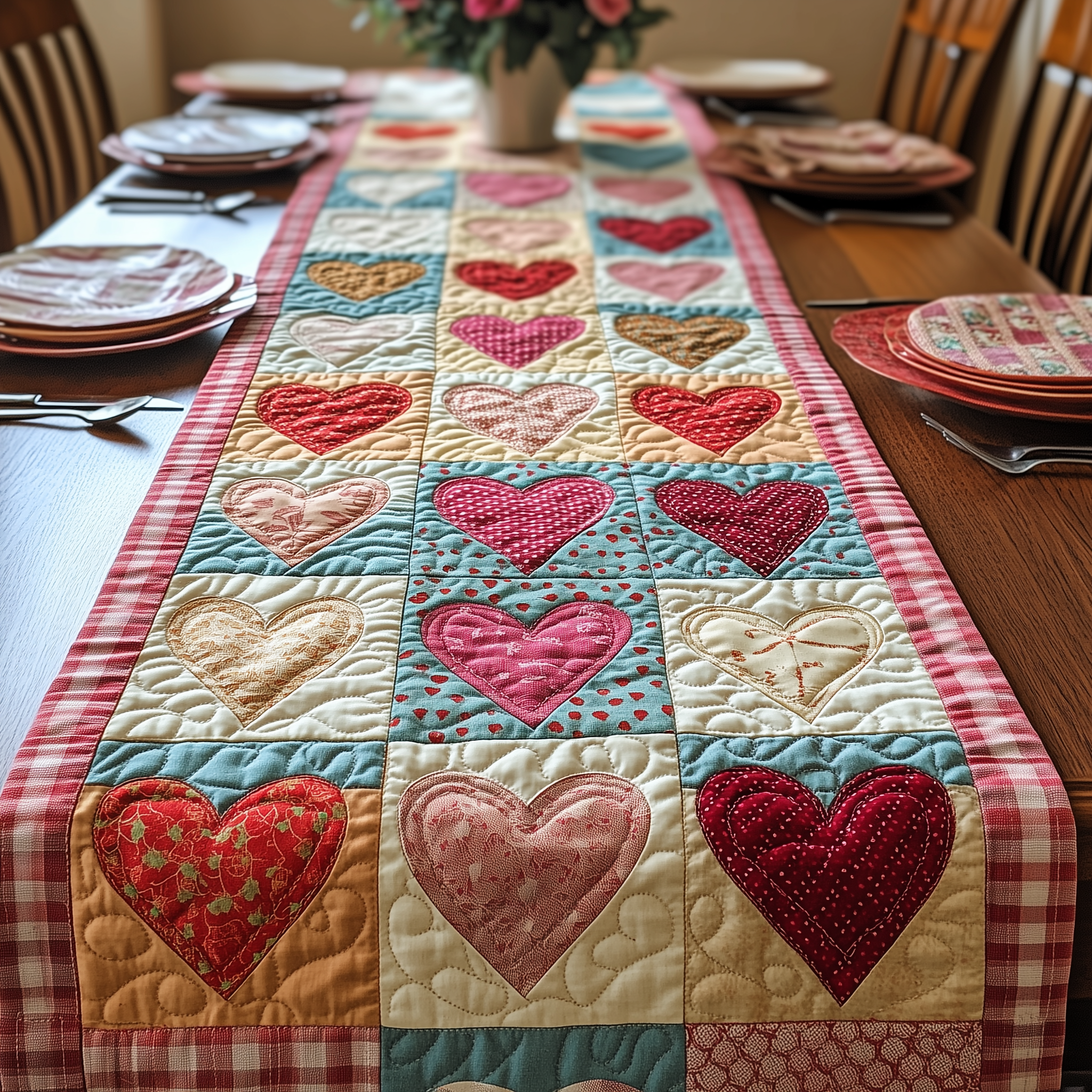 Vintage Heart Quilted Table Runner Valentine Day Presents For Her-1 Vintage Heart Quilted Table Runner Valentine Day Presents For Her-1