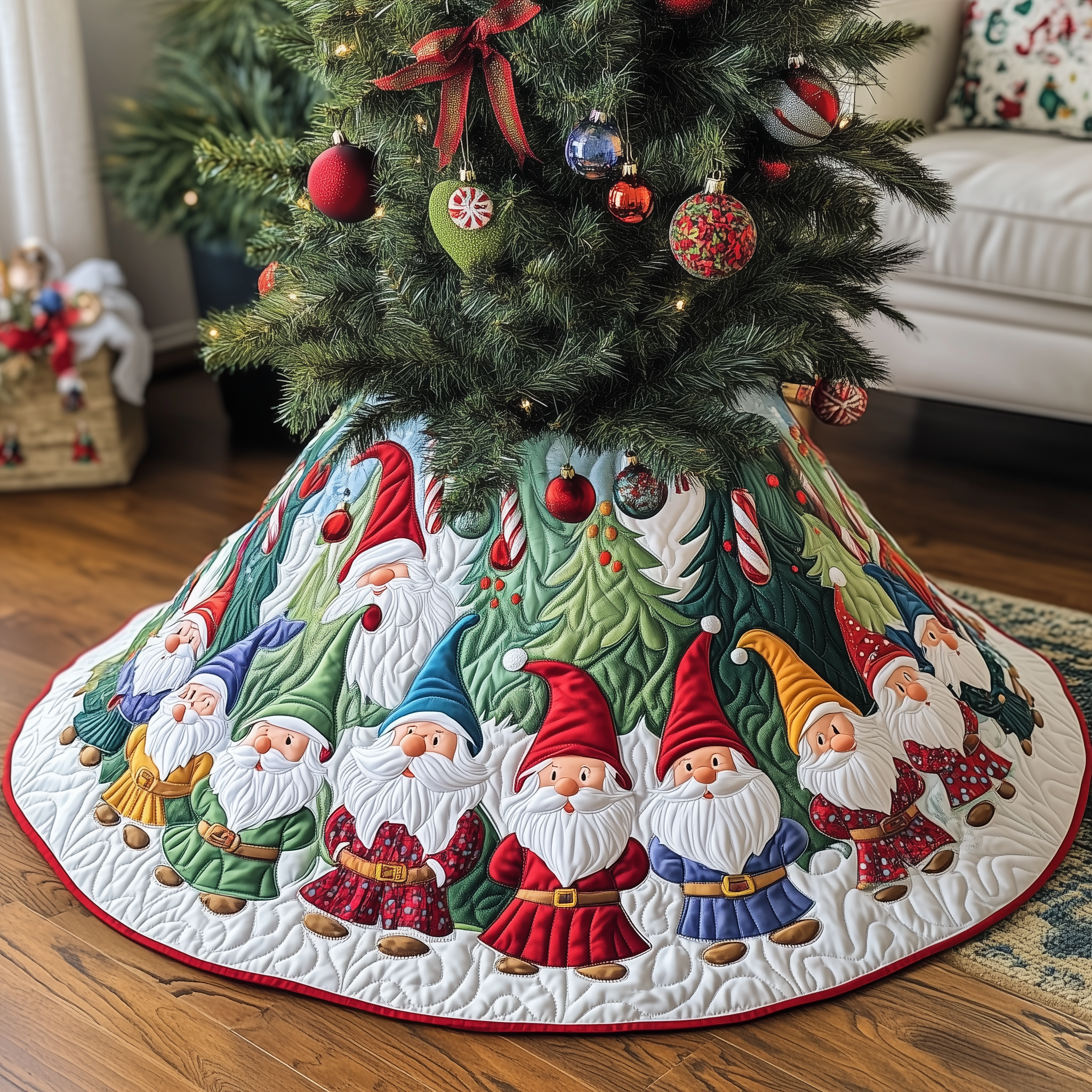 Winter Gnomes Quilted Tree Skirt Indoor Tree Decorations Gnome Gifts For Christmas Holiday-1 Winter Gnomes Quilted Tree Skirt Indoor Tree Decorations Gnome Gifts For Christmas Holiday-1