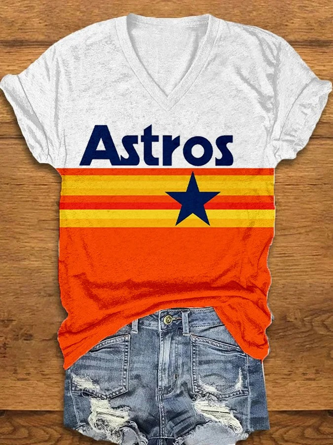 Astros V-Neck T-Shirt Women's Baseball Houston Astros Fan Gifts For Her-1