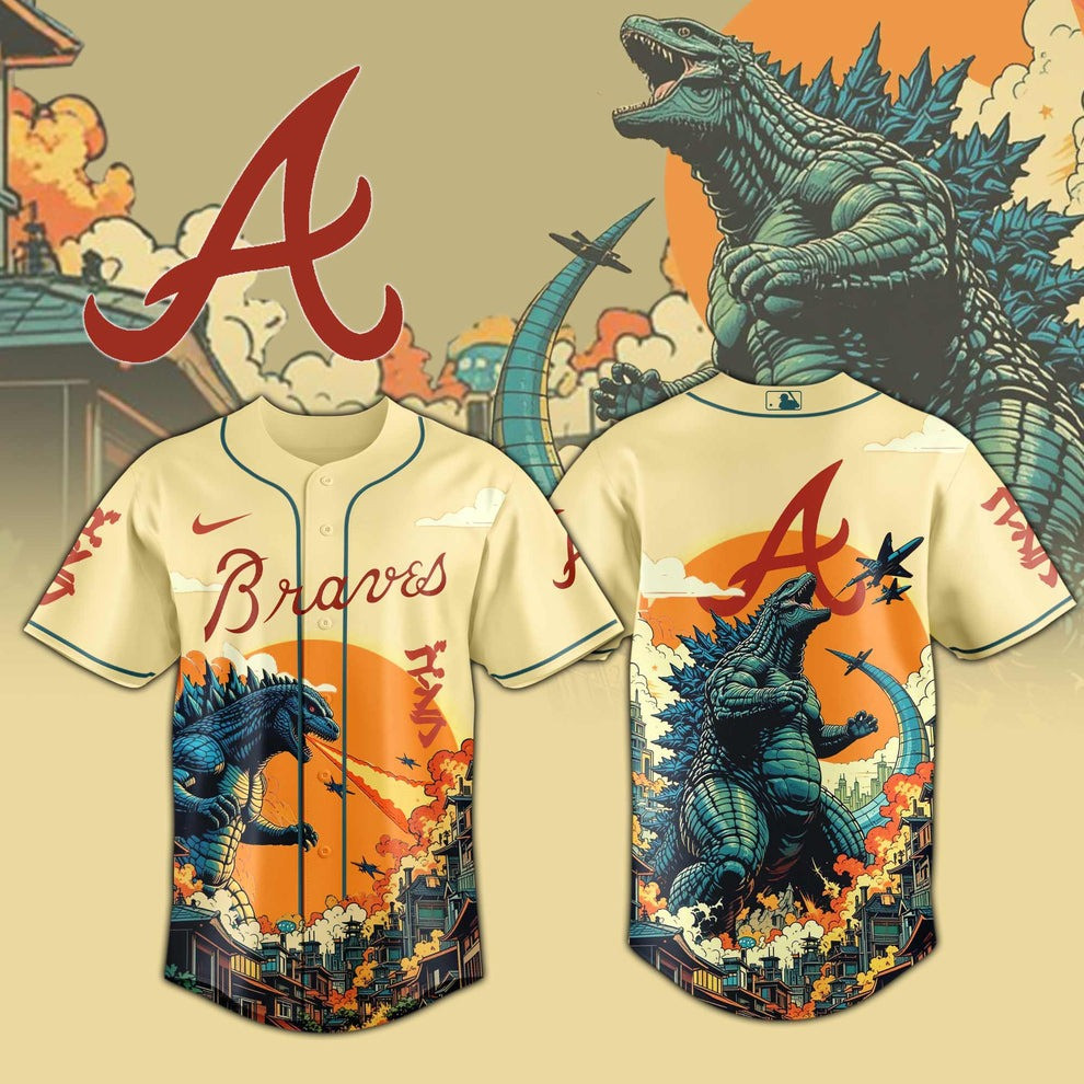 Atlanta Braves X Godzilla Baseball Jersey MLB Merch Fan Godzilla Gifts For Him-1