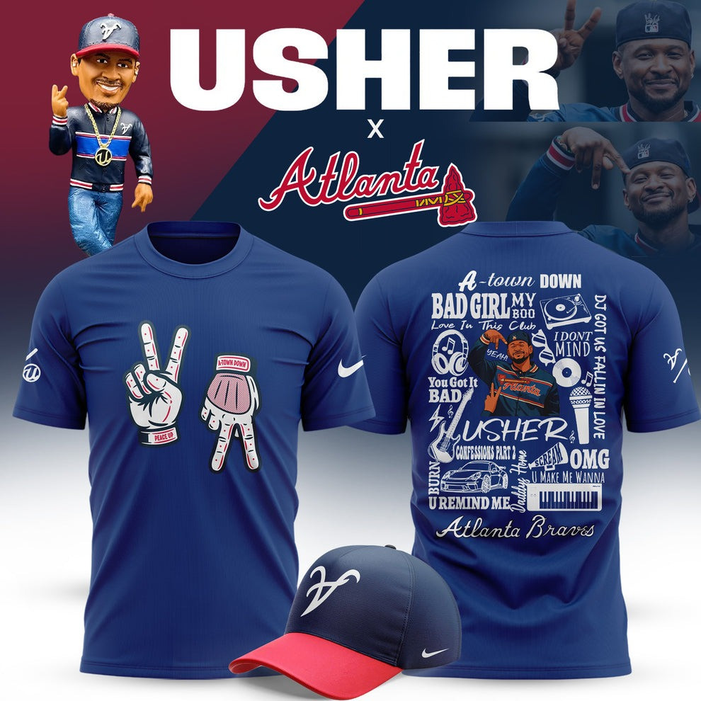 Atlanta Braves x Peace Up A Town Down Usher T-Shirt And Hat 2025 Baseball Braves Fan Merch-1