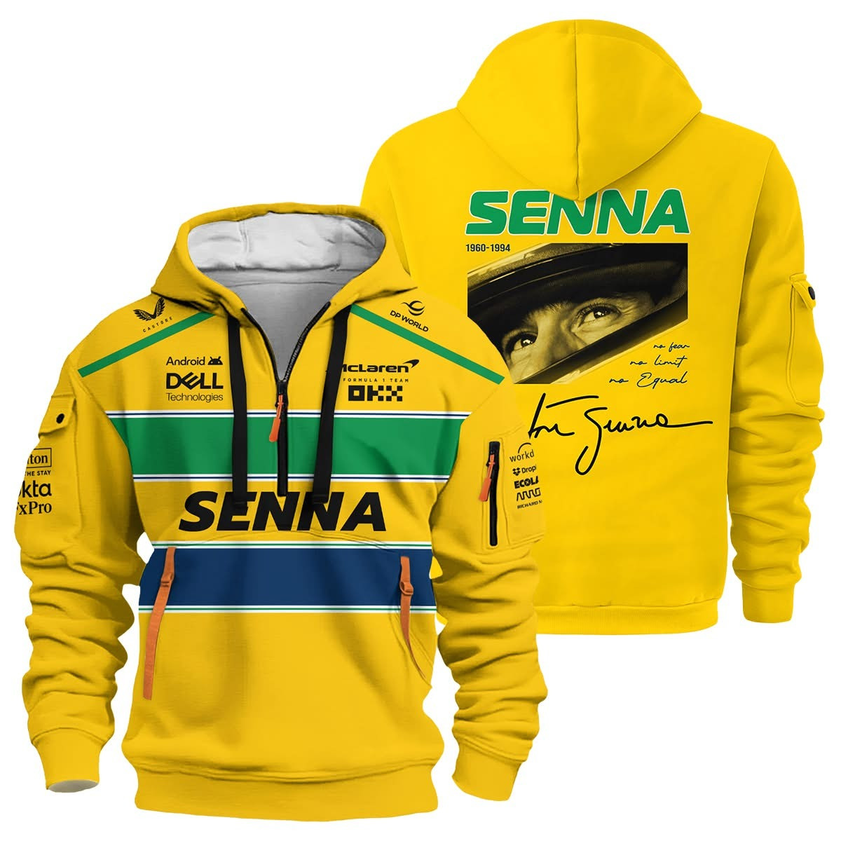 Ayrton Senna Quarter Zip Hoodie F1 Racing Car Legends Fan Merch Gift Ideas-1
