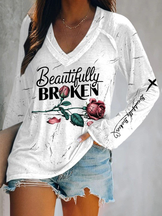 Beautifully Broken Rose Long Sleeve V-neck Shirt Country Music Lover Jelly Roll Fans Father's Day Gift for Husband-1