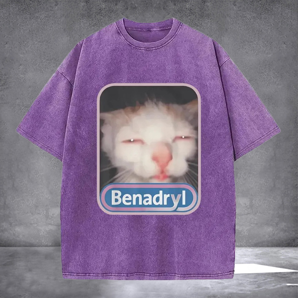 Benadryl Meme Cat Washed T-Shirt Funny Hilarious Cat Meme Graphic Tee Gifts For Friends-1