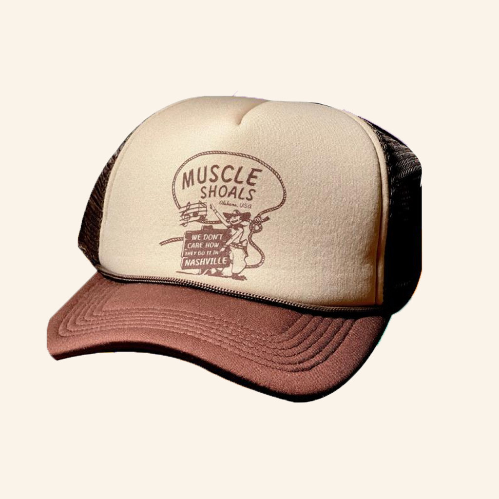 Birmingham Hat Co Merch Muscle Shoals We Don't Care How They Do It In Nashville Foam Trucker Hat-1