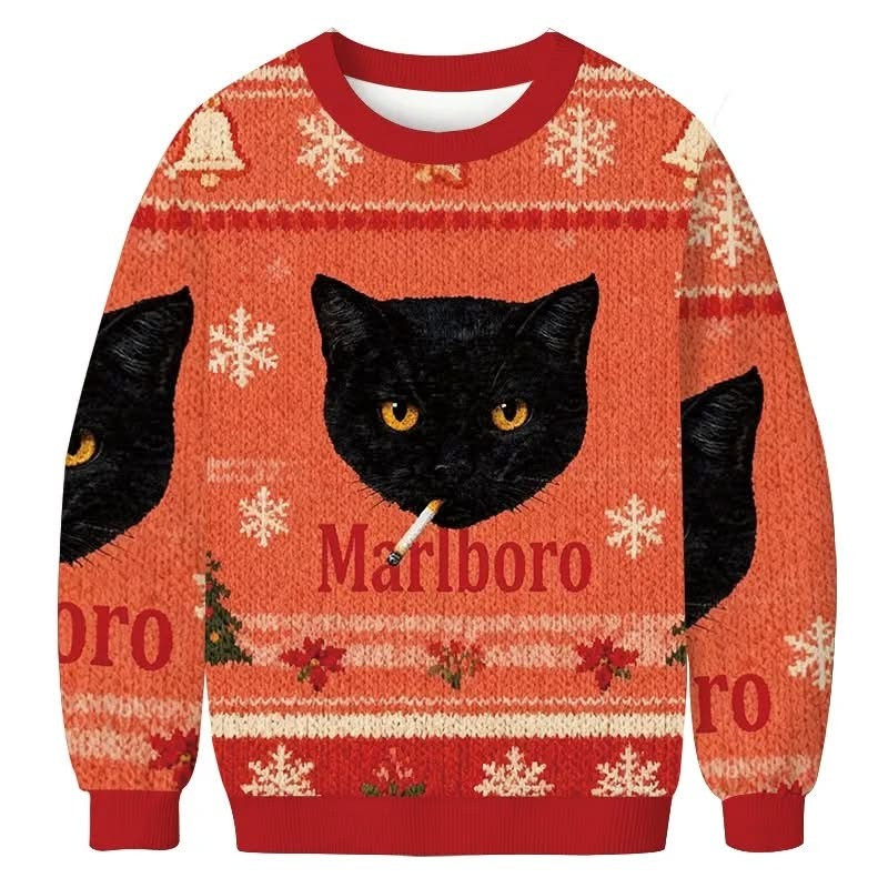 Black Cat Marlboro Ugly Christmas Sweaters Funny Cat Smoking Marlboro Xmas Gifts For Him-1