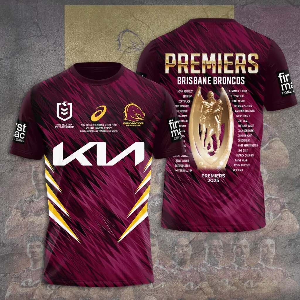 Brisbane Broncos 2025 NRL Premiers T-Shirt Broncos Merch Xmas Gifts For Football Fans-1