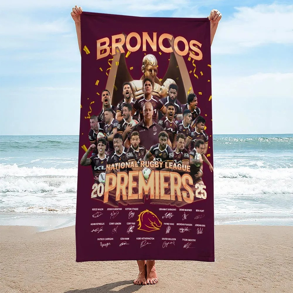 Brisbane Broncos 2025 Nrl Premiers Beach Towel Broncos Merch Christmas Gifts For Fans-1