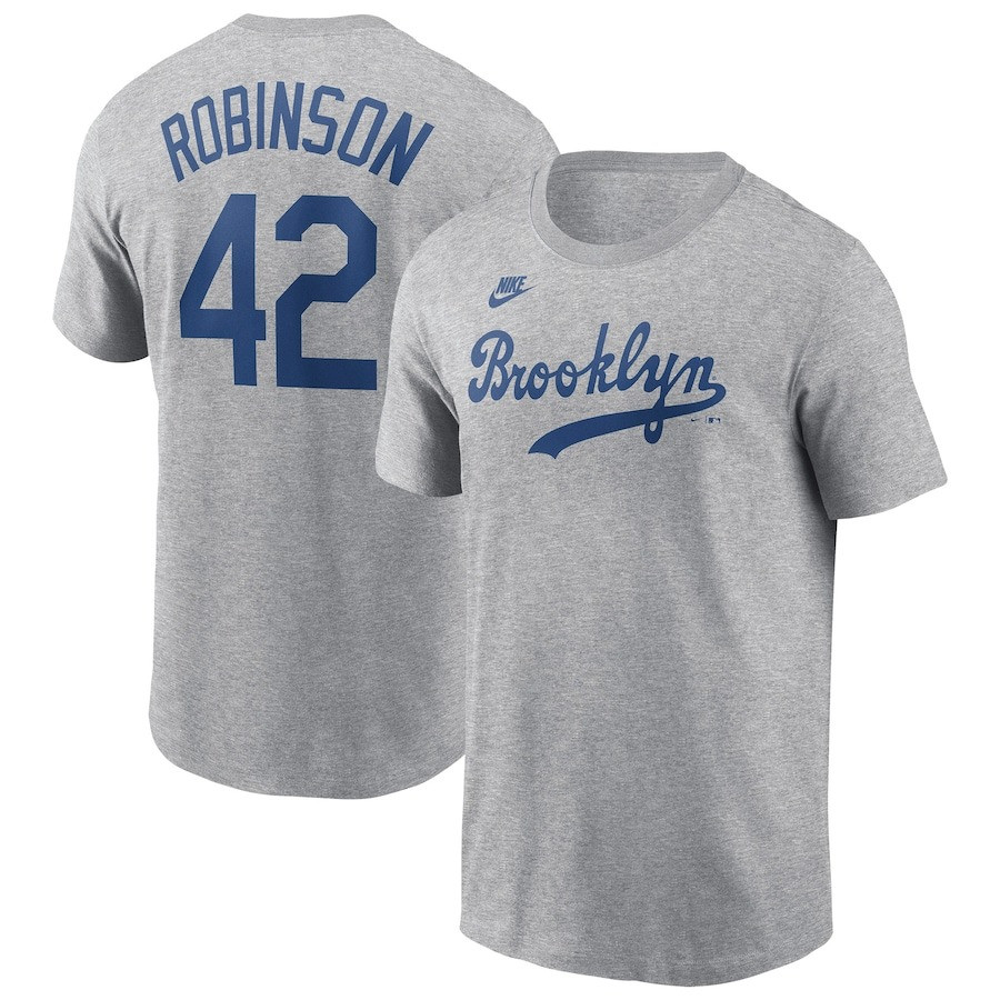 Brooklyn Dodgers Jackie Robinson Day 42 T-Shirt Gray Cooperstown Fuse Name And Number-1
