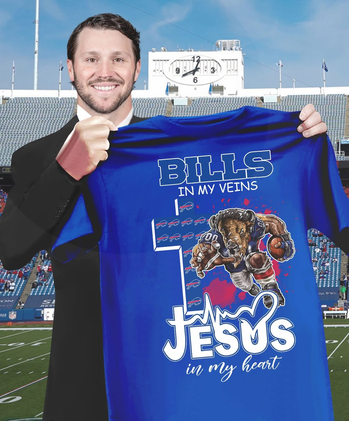 Buffalo Bills In My Veins Jesus In My Heart T-Shirt Faith Gifts For Football Lovers Fans-1