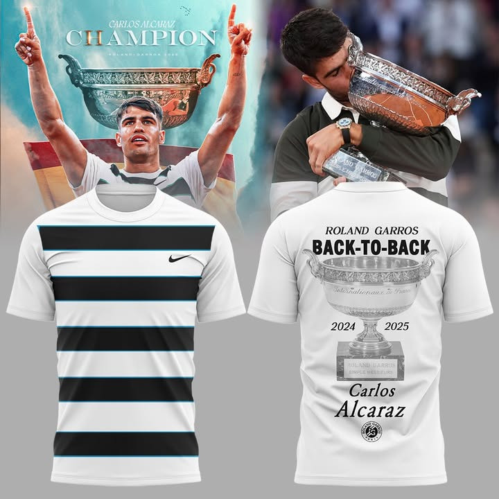 Carlos Alcaraz Roland Garros 2025 Champions T-Shirt Back To Back Championship Fan Merch-1