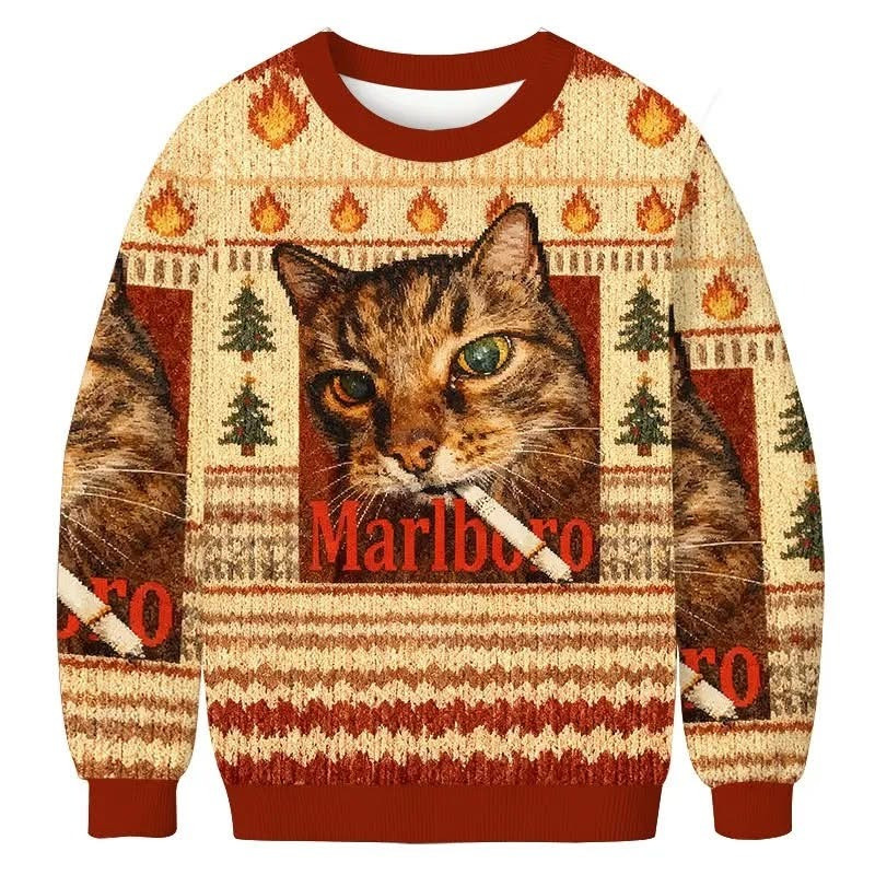 Cat Marlboro Ugly Christmas Sweater Funny Cat Meme Smoking Xmas Holiday Sweaters 2025-1