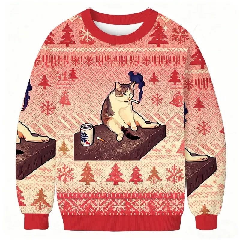 Cat Smoking Ugly Christmas Sweater Humor Funny Cat Meme Xmas Present Ideas For Cat Lovers-1