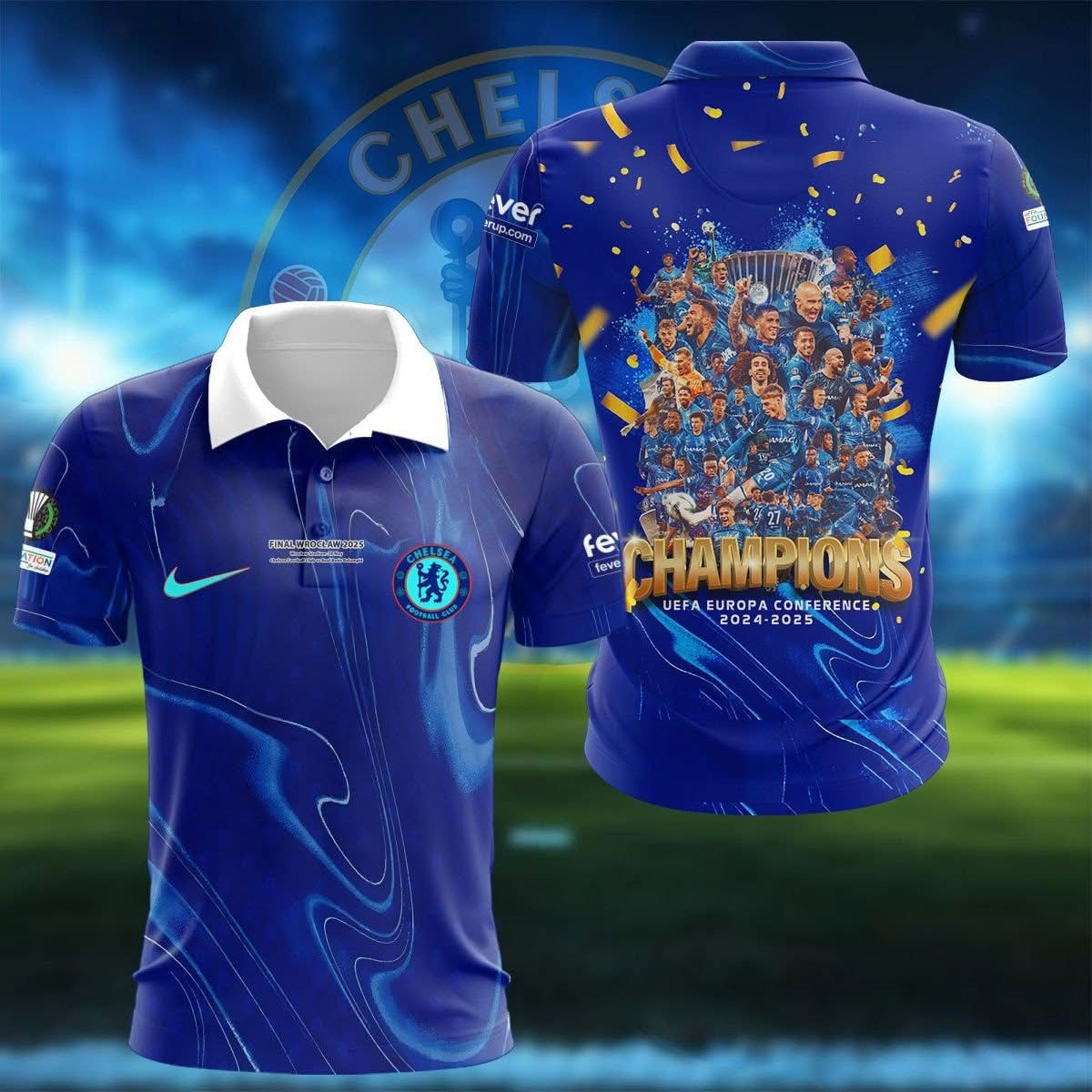 Chelsea Champion UEFA Conference League 2024 2025 Polo Shirt The Blues F.C Fan Gifts-1