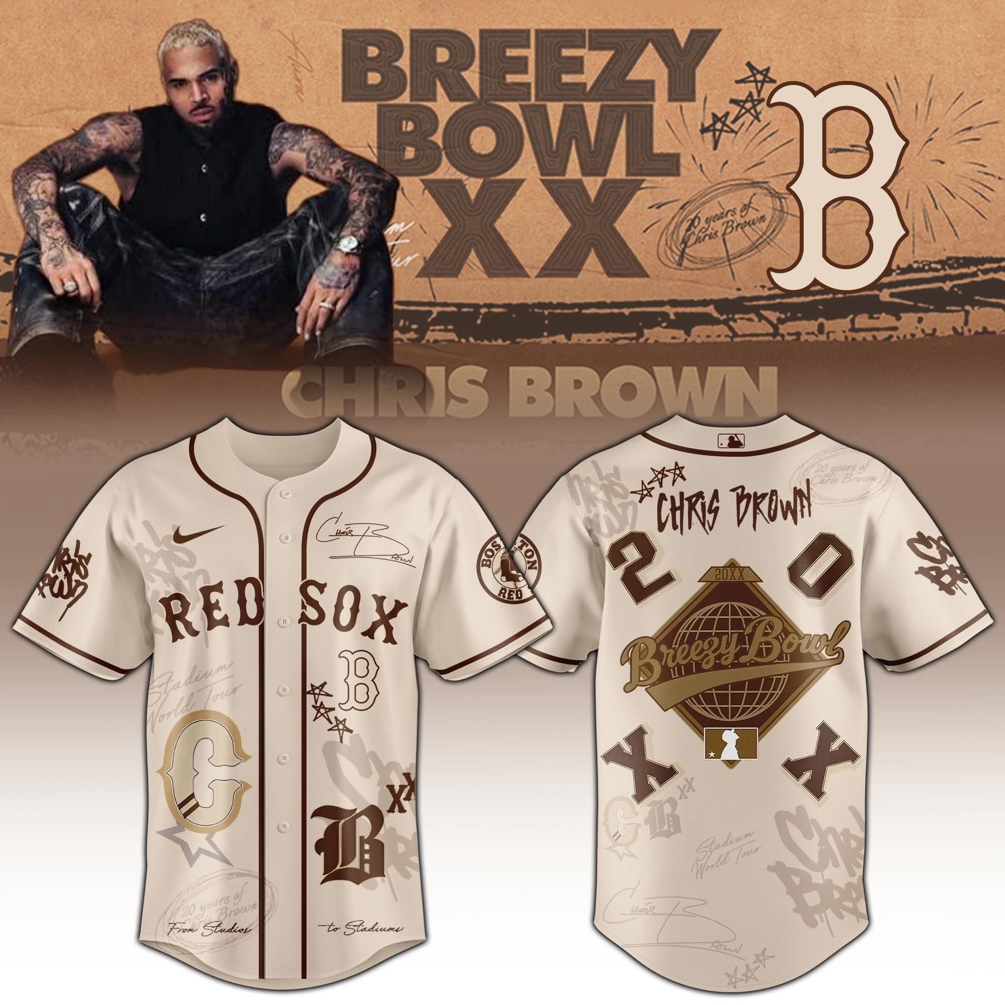 Chris Brown Breezy Bowl XX x Boston Red Sox Jersey MLB Fan Merch Tour Concert Gifts-1