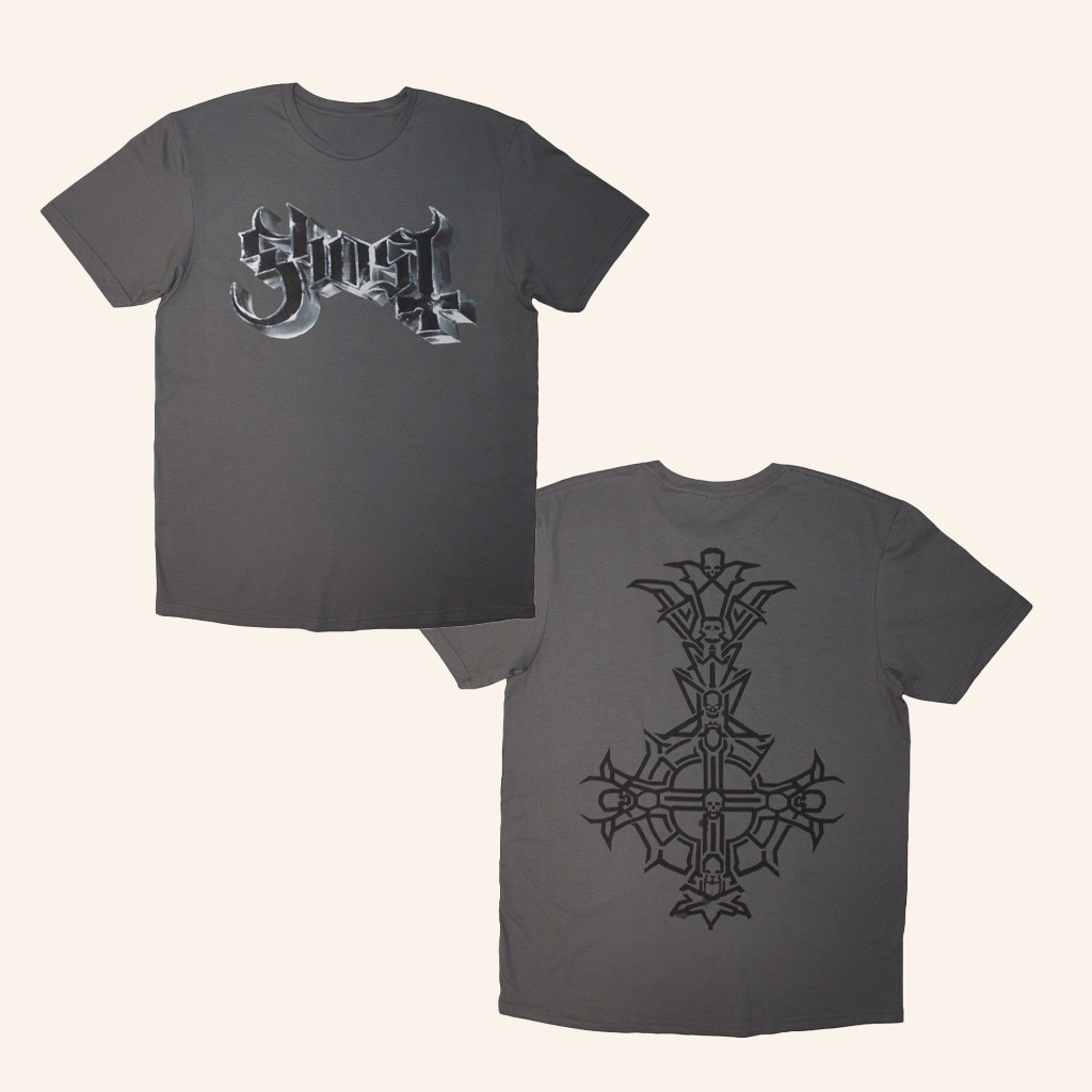 Cool Merch Ghost Chrome Logo And Grucifix Outline T-Shirt Gifts For Friends-1