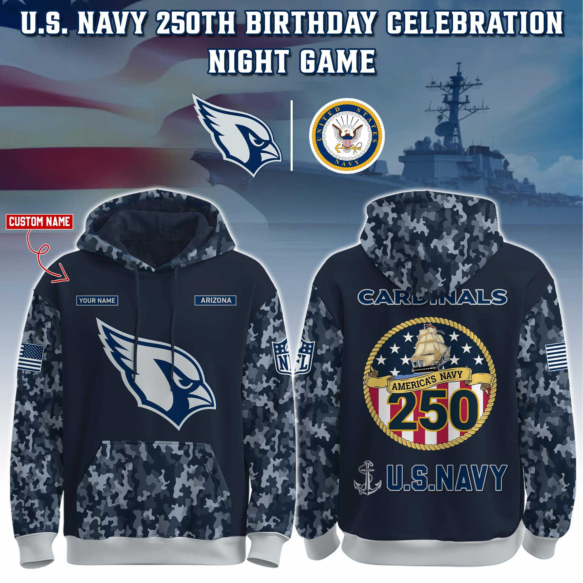 Custom Arizona Cardinals x U.S. Navy 250Th Anniversary Camo Hoodie Gifts For Football Fans-1